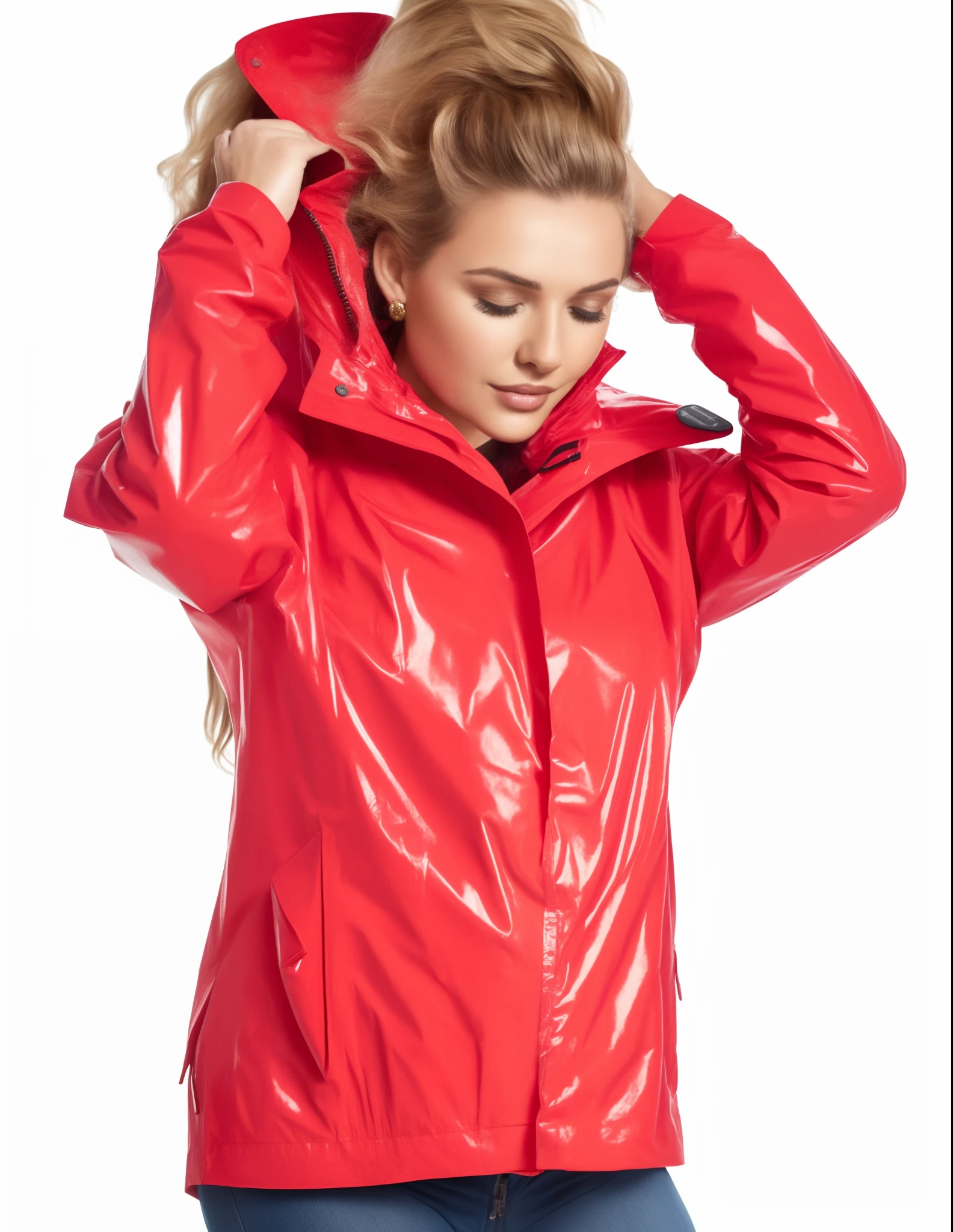 A woman in a red rain jacket is holding her head, roupas esportivas vermelhas, she is wearing a wet coat, menina na capa de chuva, Kano), jaqueta vermelha, roupas esportivas, vestindo jaqueta vermelha, roupas esportivas, olhar molhado, future inflatable jacket, jaqueta vermelha legal, F / 2 0, carnal ) Wet, brilhante da chuva, encapuzado, F/15