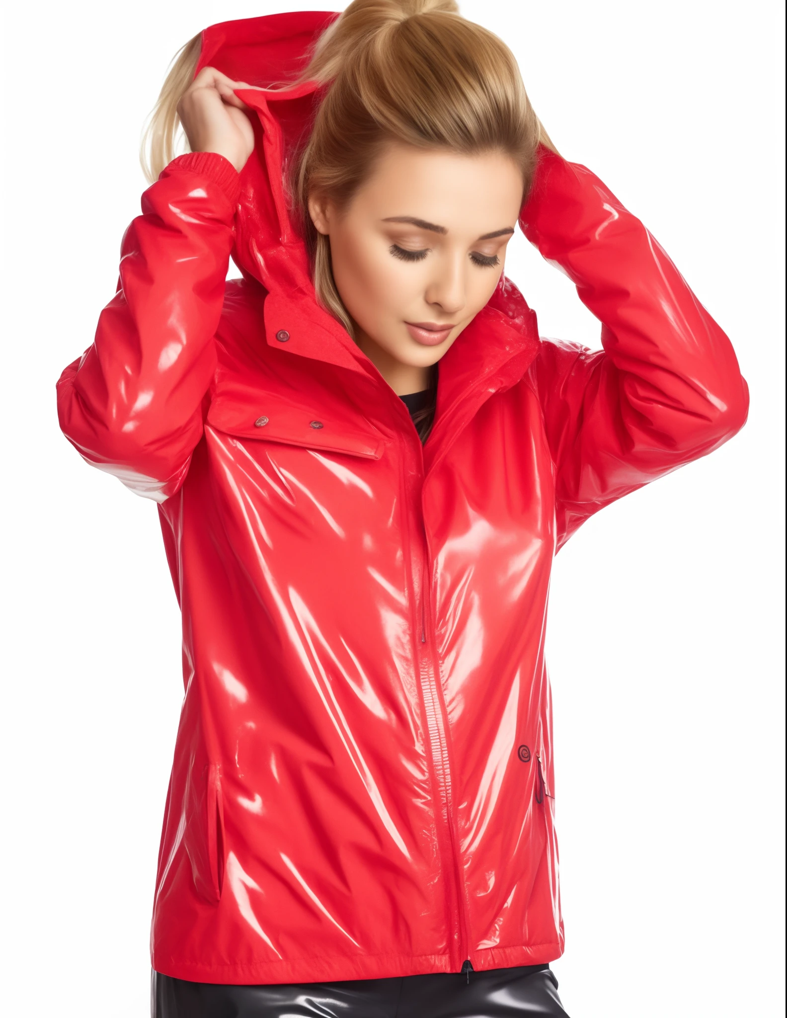 A woman in a red rain jacket is holding her head, roupas esportivas vermelhas, she is wearing a wet coat, menina na capa de chuva, Kano), jaqueta vermelha, roupas esportivas, vestindo jaqueta vermelha, roupas esportivas, olhar molhado, future inflatable jacket, jaqueta vermelha legal, F / 2 0, carnal ) Wet, brilhante da chuva, encapuzado, F/15