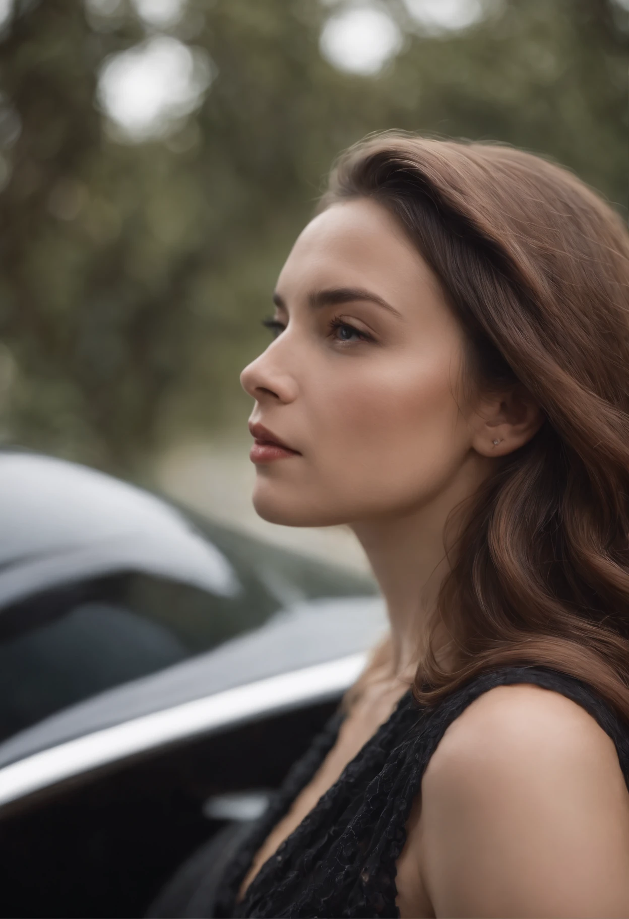 Uma mulher delicada, cabelos ondulados. She's looking at a black car parked in front of her. She is in profile, turned to the side.