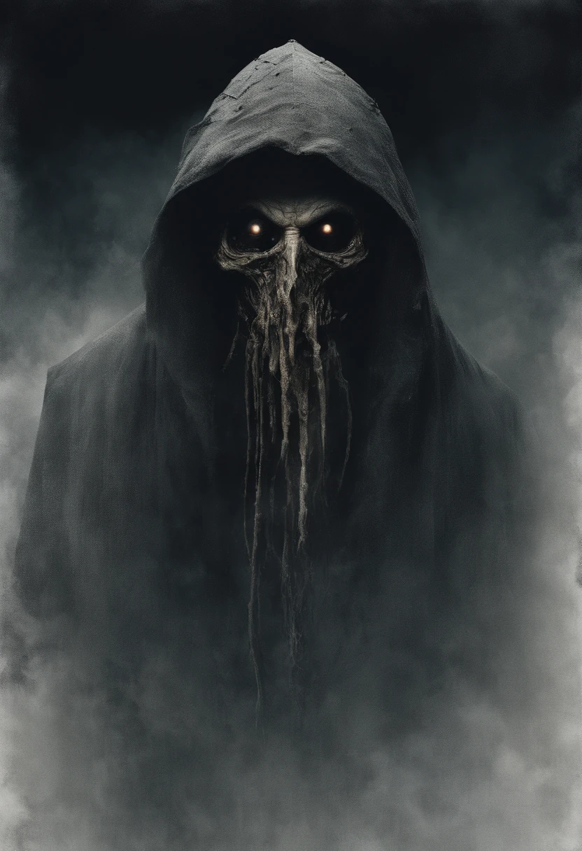 waist up, very old man, looks like a corpse, half of his face deformed and melted, dirty, beggar, monster, short gray hair, pale and wrinkled skin, sparse beard, yellowish pupils, hunched posture, penetrating and evil gaze, long black cloak, torn clothes, cloak of raven feathers on the back, body covered with sashes and hood, fog, dark gas station, horror, fear, scary, suspense, mysterious