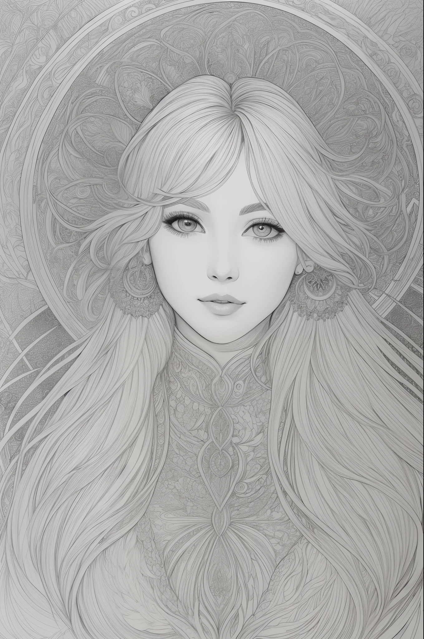 garden, art for coloring book page, only light colors, full white background, only use outline, line art, coloring book, clean line art, mandala for coloring with nature ornaments, simple and clean line art, coloring book page, adorned in Art Nouveau style, with a stroke of Alfons Mucha's brush, perfect details, real, white hair, unfilled hair, contour all image.