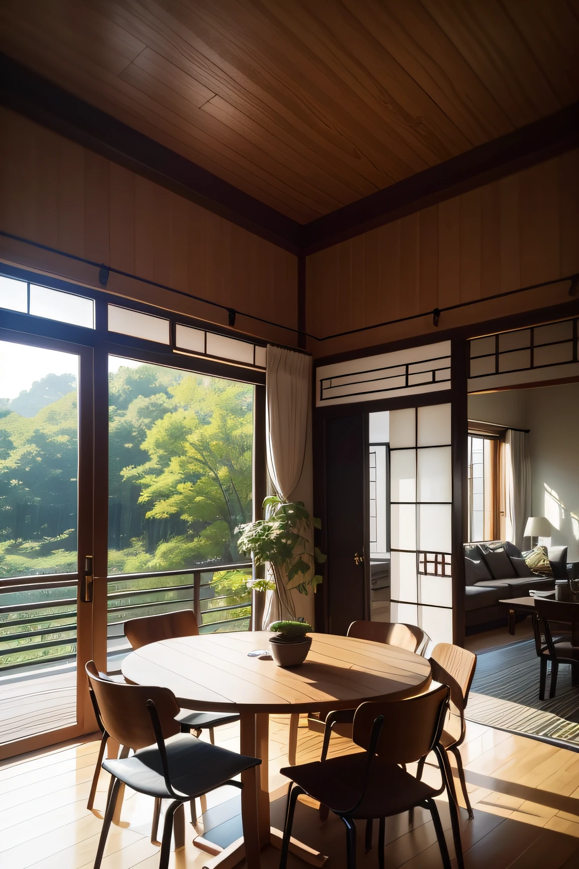 interior design、Insanely detailed wide-angle architectural photo、Cozy contemporary living room、(Bright and warm sunlight 1:0.1)、Award-winning contemporary interior design、landscapes、The table、a chair、in a house、Wooden flooring、window、resturant、east asian east asian architecture、sliding paper doors、abajour、architectural、the woods、naturey、cups、a plant、interior design、Insert lighting and shadows、depth of fields、low illuminance