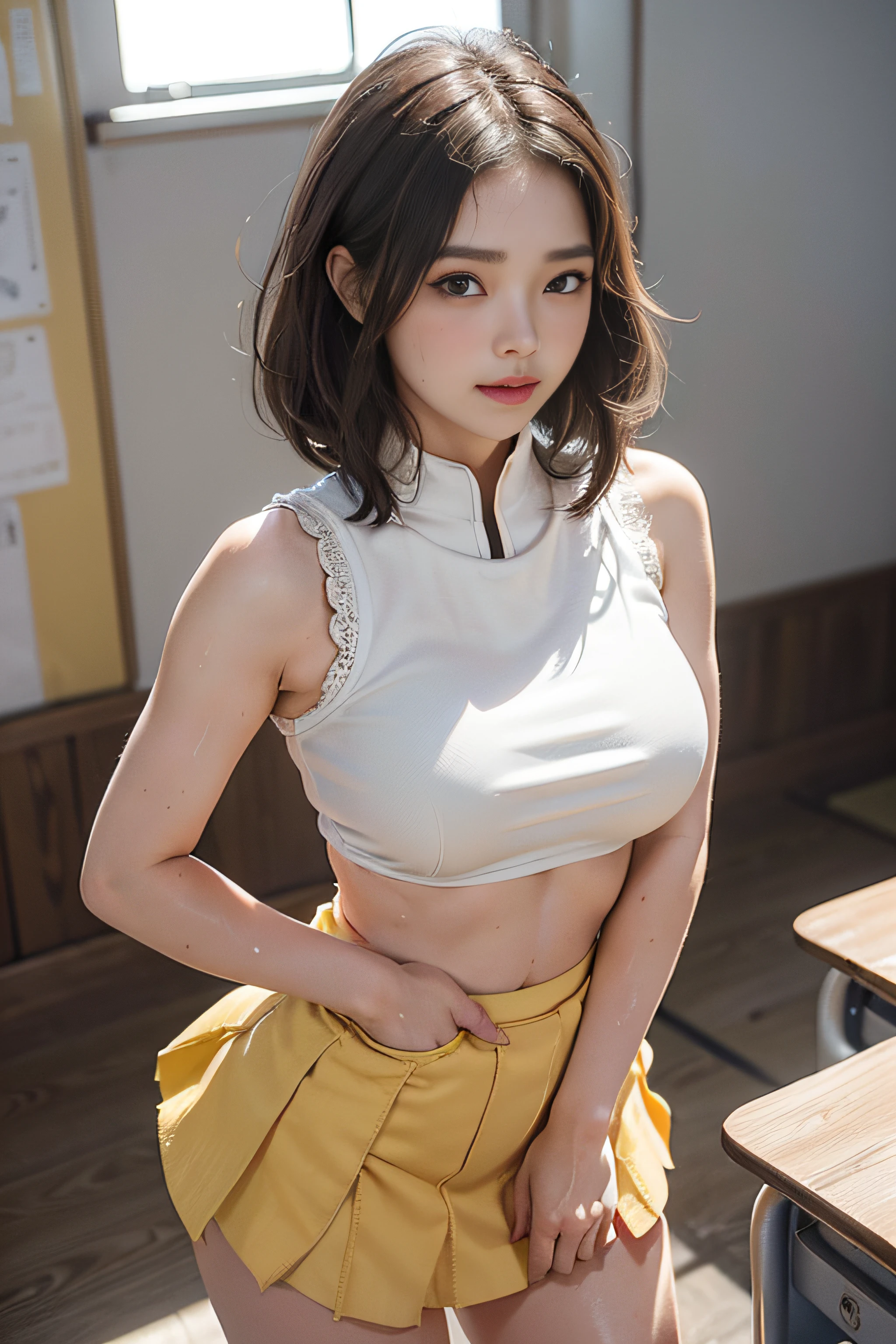 (great masterpiece、top-quality、high-level image quality)、(A Japanese Lady、Idol actress:1.3、Good looks、Mature atmosphere:1.4)、(((Japan schoolgirl、Neat and clean 18 years old)))、(((perfect anatomia、Beautiful limbs、Perfect physiology)))、((Healthy body、short-hair、A dark-haired、bangss、Clear black eyes、Model Grade Body))、(爆乳:1.5)、(Japan JK Uniform、Neat grooming、Fashionable),school classrooms、by the window、Sunset small burn、Beautiful thighs、Cute figure、professional photograpy、gravure、agitation、Smile、