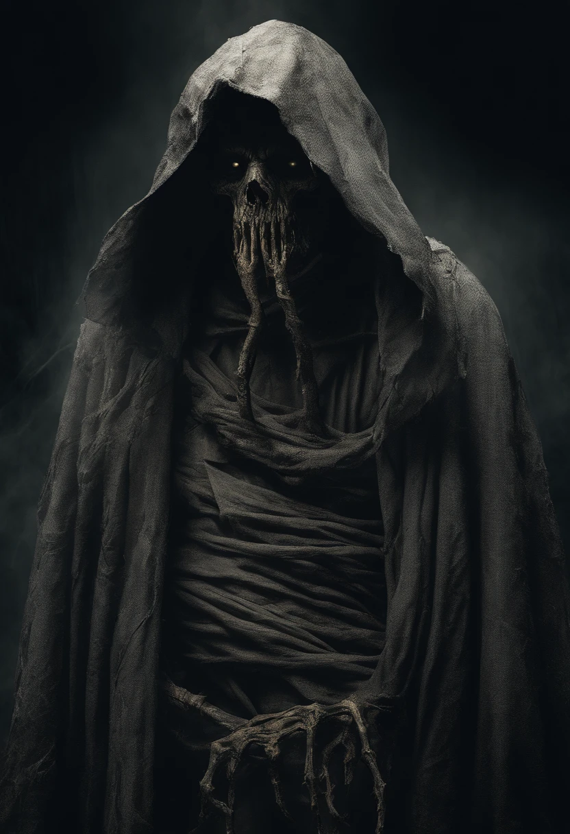waist up, very old man, looks like a corpse, half of his face deformed and melted, dirty, beggar, monster, short gray hair, pale and wrinkled skin, sparse beard, yellowish pupils, hunched posture, penetrating and evil gaze, long black cloak, torn clothes, cloak of raven feathers on the back, body covered with sashes and hood, fog, dark gas station, horror, fear, scary, suspense, mysterious