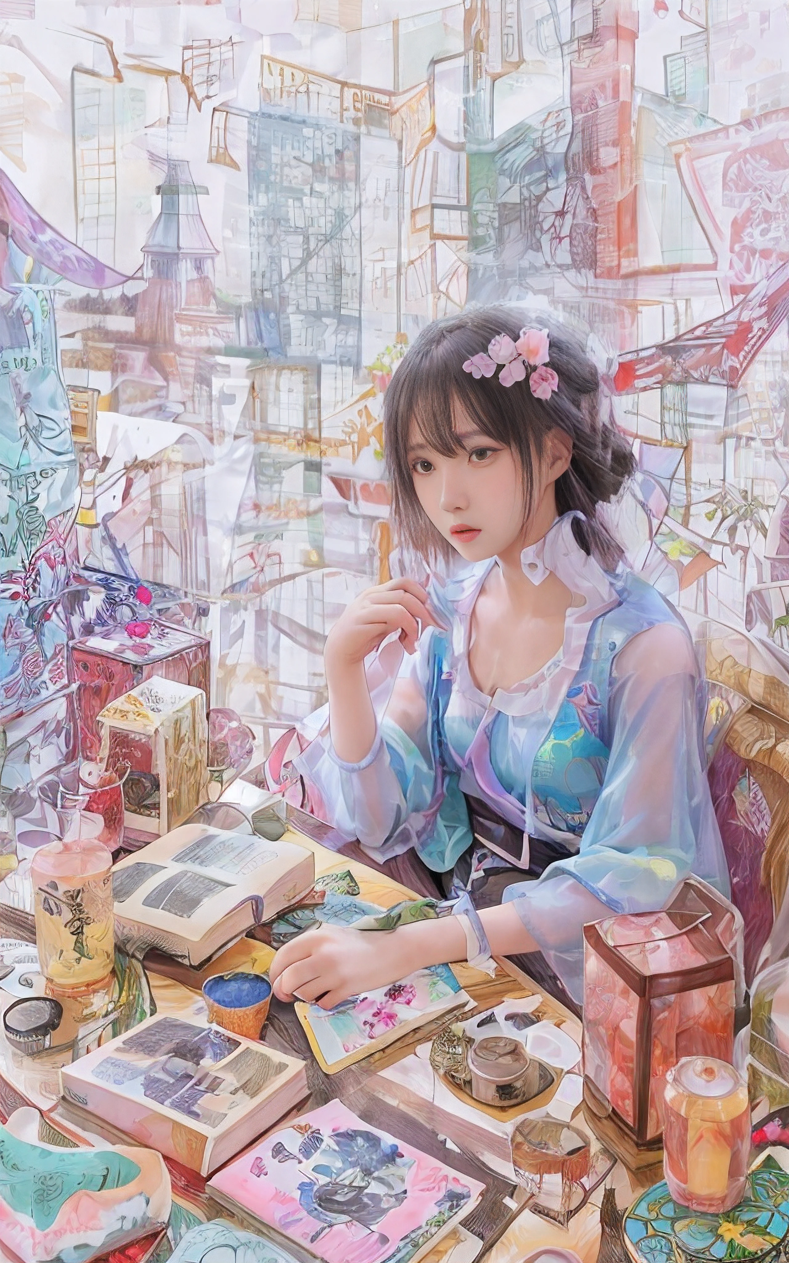 Drawing of a woman sitting at a table holding a book, Victoshai! cmyk palette, pop japonisme 3 d ultra detailed, artwork in style of sheng lam, victo ngai style, Anson Maddox, illustrative art, victo ngai cyberpunk style, ( ( Victoshai ) ), a beautiful artwork illustration