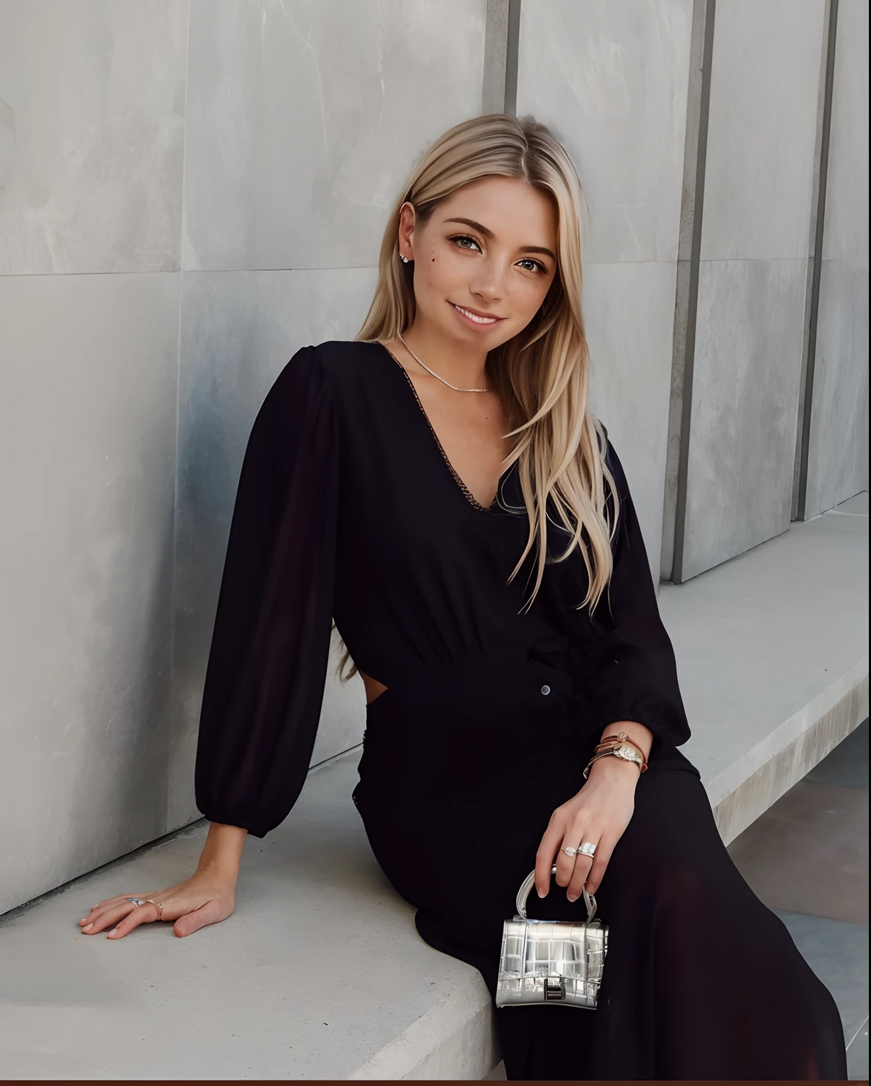 Rosto de uma mulher, americana, 30 anos, pale skin and freckles, olhos cinzas, nariz delicado, soft and delicate lips, cabelo blondie cinza longo e ondulados, sorriso meigo,