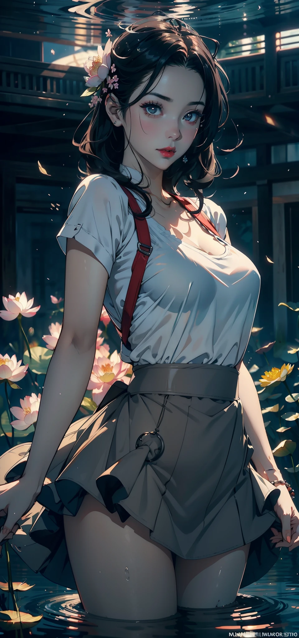 (Background with:ponds,Cherry blossom forest,lotus flower)Lie underwater, She has short black hair,seen from the front,, mostly cloudy sky,(((tmasterpiece),(Very detailed CG unity 8K wallpaper),best qualtiy,cinmatic lighting,detailed back ground,beatiful detailed eyes,Bright pupils,Black eyes,Snow-whiteskin,Redlip(Very fine and beautiful),(Beautiful and detailed eye description),ultra - detailed,tmasterpiece,))facing at camera,A high resolution,ultra - detailed),revealing breasts,Bare genitalia, Bulge,legs are open,Raised sexy,Camel toes,Desire for dissatisfaction,frontage,(Wearing:,Transparent maid outfit,Bare ,Puffy skirt,aprons)