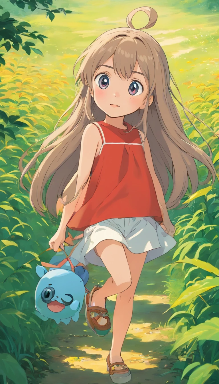 Funny, comical, girl, 5 years er, farm background, (Playful), toys,illustration, A high resolution, Vibrant colors, Soft lighting, Random actions,Wear randomly,Random angles,(Exquisitehands:1.5)(Perfect body proportion:1.5)(More refined anime eyes:1.5)long hair,random hair style