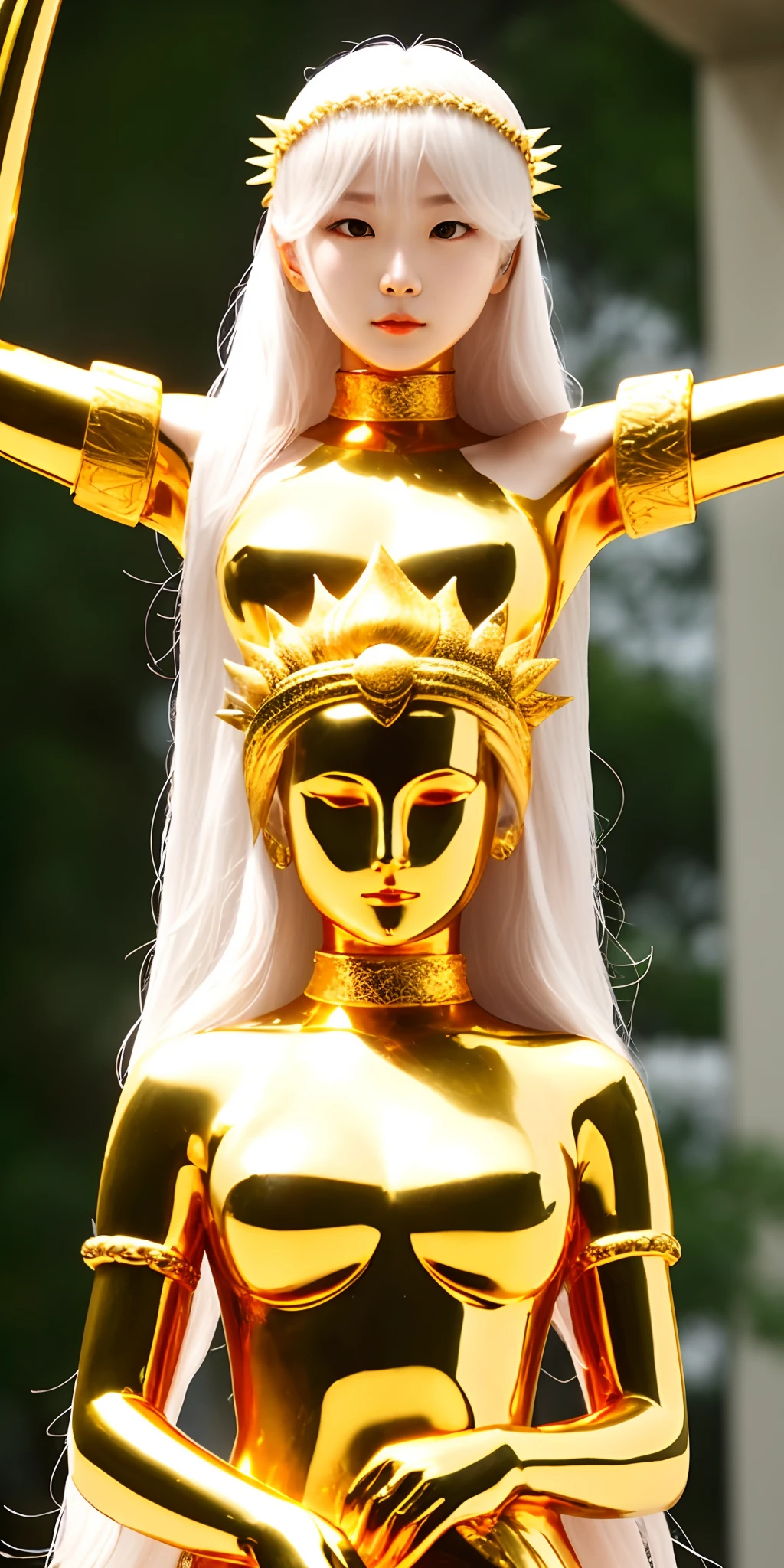 A futuristic park background with a golden statue without clothes with large breasts and large vagina with a hyper-realistic resolution of the background is 4k and has an aspect ratio of 16:9.golden statue, masterpiece, anatomically correct, super detail, high quality, best quality, 8k, 16k, high details