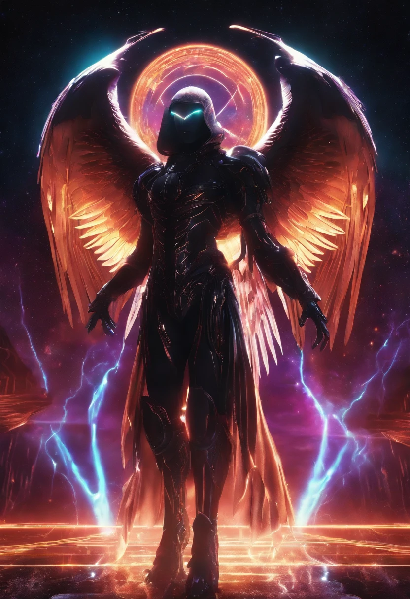 (1980s anime), Cosmic Fallen Angel, glowing light eyes, Biomechanical, eerie, Creepy, nightmarish, Very bright colors, Light particles, with light glowing, Mshiff, wallpaper art, UHD wallpaper