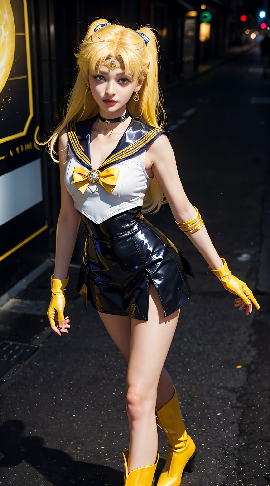 ((masterpiece:1.4)、(top-quality:1.4)、(reallistic:1.7))、masuter piece:1.4、a beauty girl、(Sailor Moon:1.4)、Tsukino Usagi、Body Fit Sexy Sailor Senshi Uniform、(latex shiny)、(The jacket is a white sleeveless sailor suit)、(Skirt is blue sexy ultra ultra mini skirt)、The collar of the sailor suit is blue with two thin lines.、high leg swimsuit、Red cloth ornament at chest、(Wearing white gloves)、Kawaii Girl、Super beauty、foco nítido、Portrait photos、(Two arms:1.4、Two legs:1.4)、(perfect anatomia:1.4)、(Perfect female body:1.4)、Upper body photography:1.4、beautiful countenance、beautidful eyes、Narrow waist、(Yellow hair:1.4)、(length hair:1.2)、Raw photo、red-lips、Red boots:1.4、a choker:1.4、a necklace:1.4、耳Nipple Ring:1.4、Luxurious golden tiara on forehead:1.4、1 screen display、The landscape is a futuristic city spaceport
