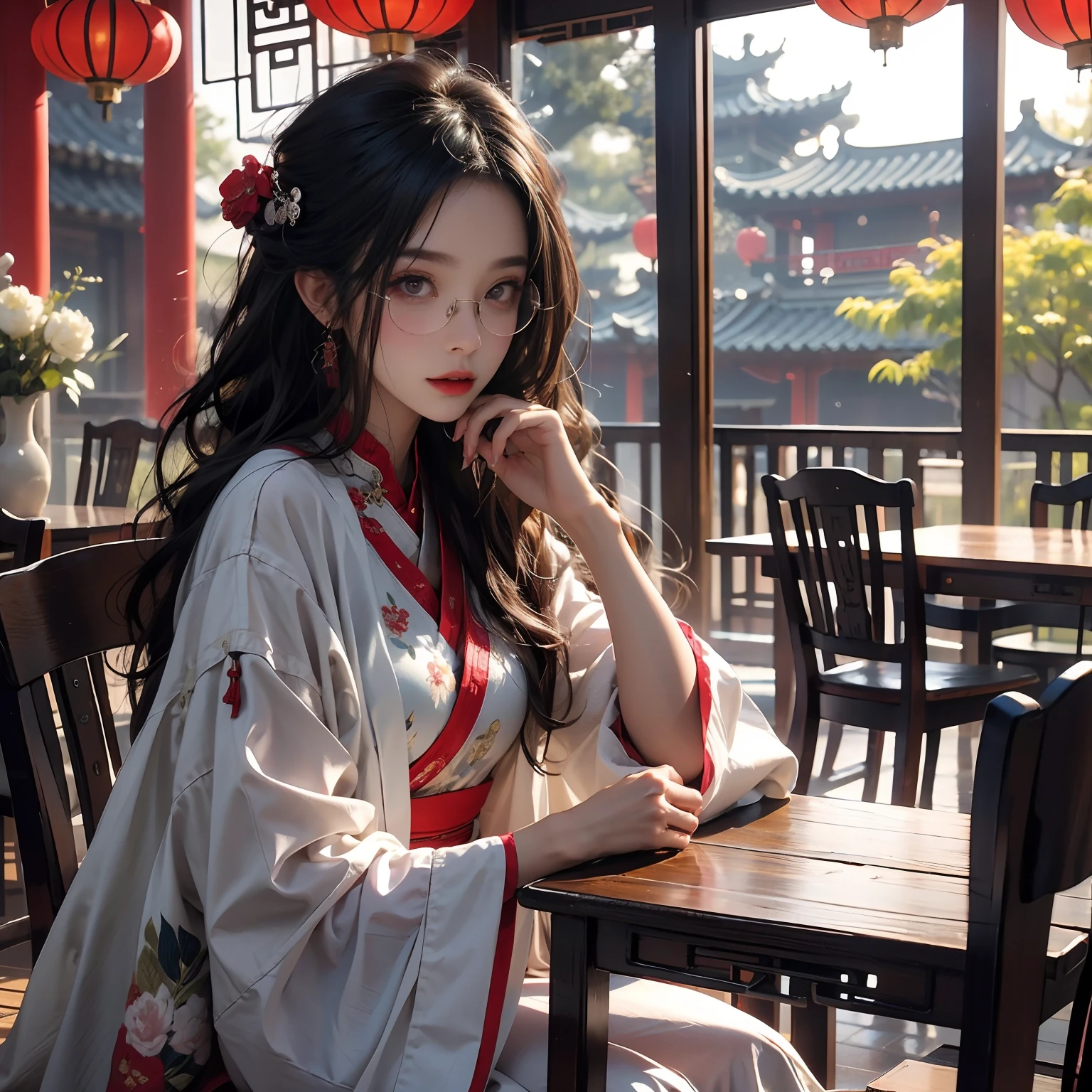 (surrounded by cloud), 1 adult female, Asian people,(Solo),Black color hair,Chinese antique lanterns,Brown pupils,Peony flower ,Flowing sleeves,Red and white antique clothes , Inside the inn, Quaint hostel,Chinese ancient style,tables and chairs, Big stage, sitted, full bodyesbian,Antique satin,softlighting,(The picture is hazy),wears glasses,(No lipstick),Look at the audience from the side,Solo,8K,Master masterpieces,small tits,(Hair coiled),(There is only 1 person in the picture)