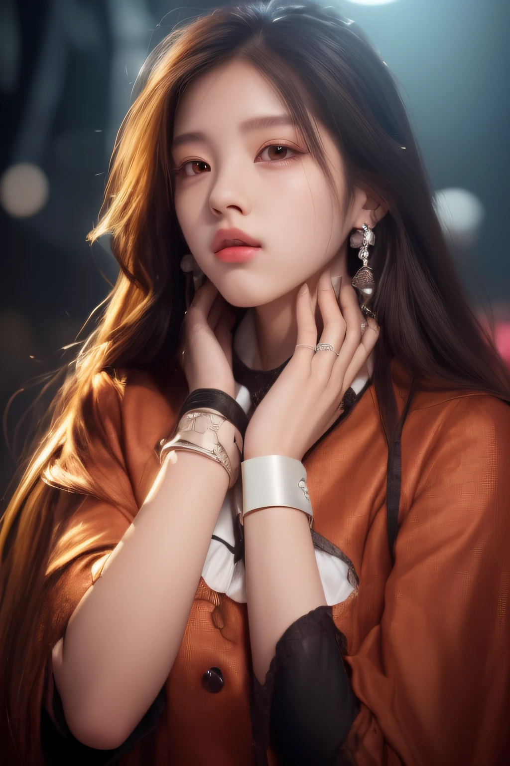 a woman with long hair wearing a brown jacket and silver bracelet, portrait jisoo blackpink, high quality portrait, jisoo of blackpink, jisoo from blackpink, ruan jia beautiful!, chinese girl, korean women's fashion model, xision wu, cute beautiful, xintong chen, by Zhang Han, korean girl, 🤤 girl portrait