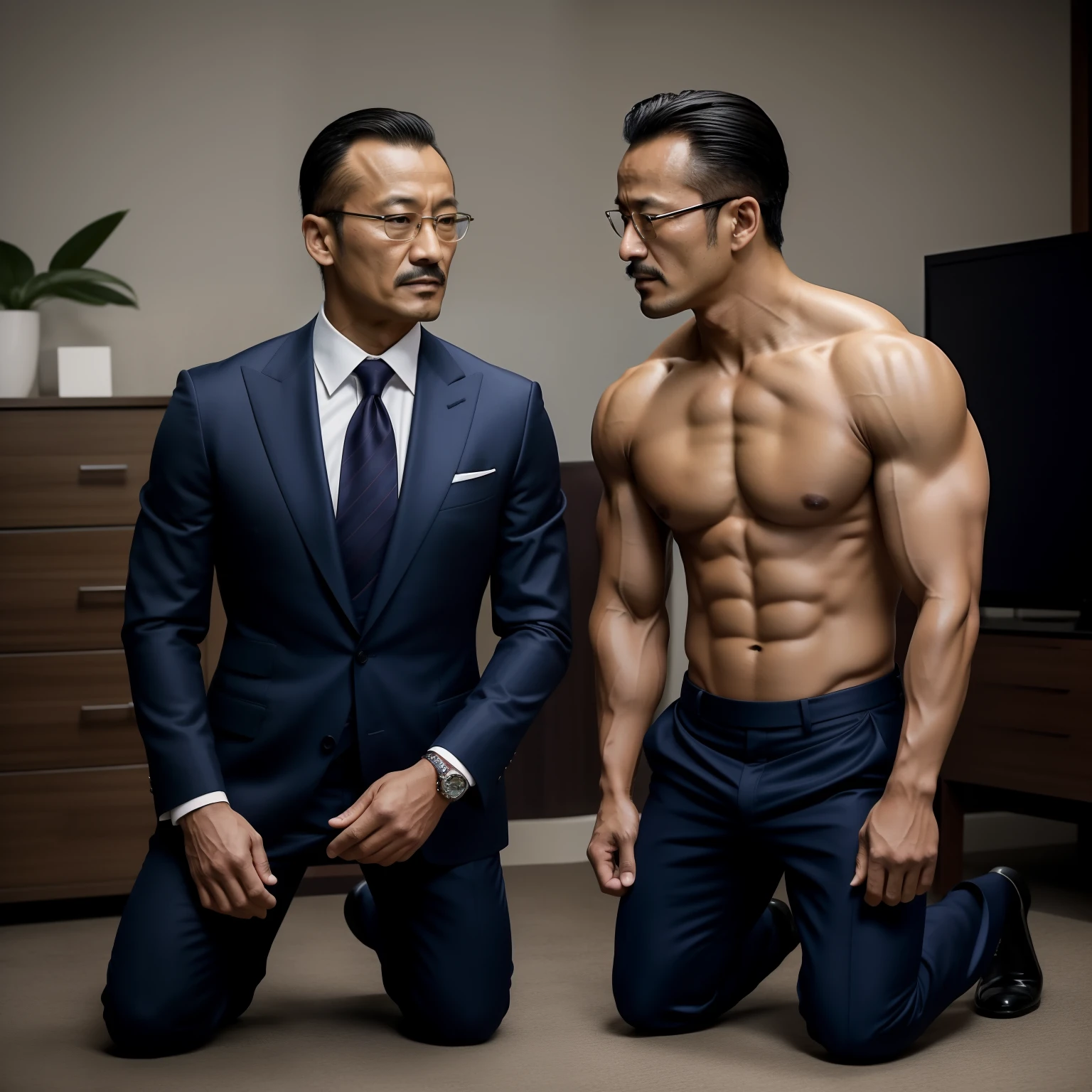 45 yers old,Hidetoshi Nakata ,(Kogoro Mouri 1.3),Two muscular men kneel,Naked upper body,Crotch contour,with mustache,tmasterpiece,k hd,Business suit,greys