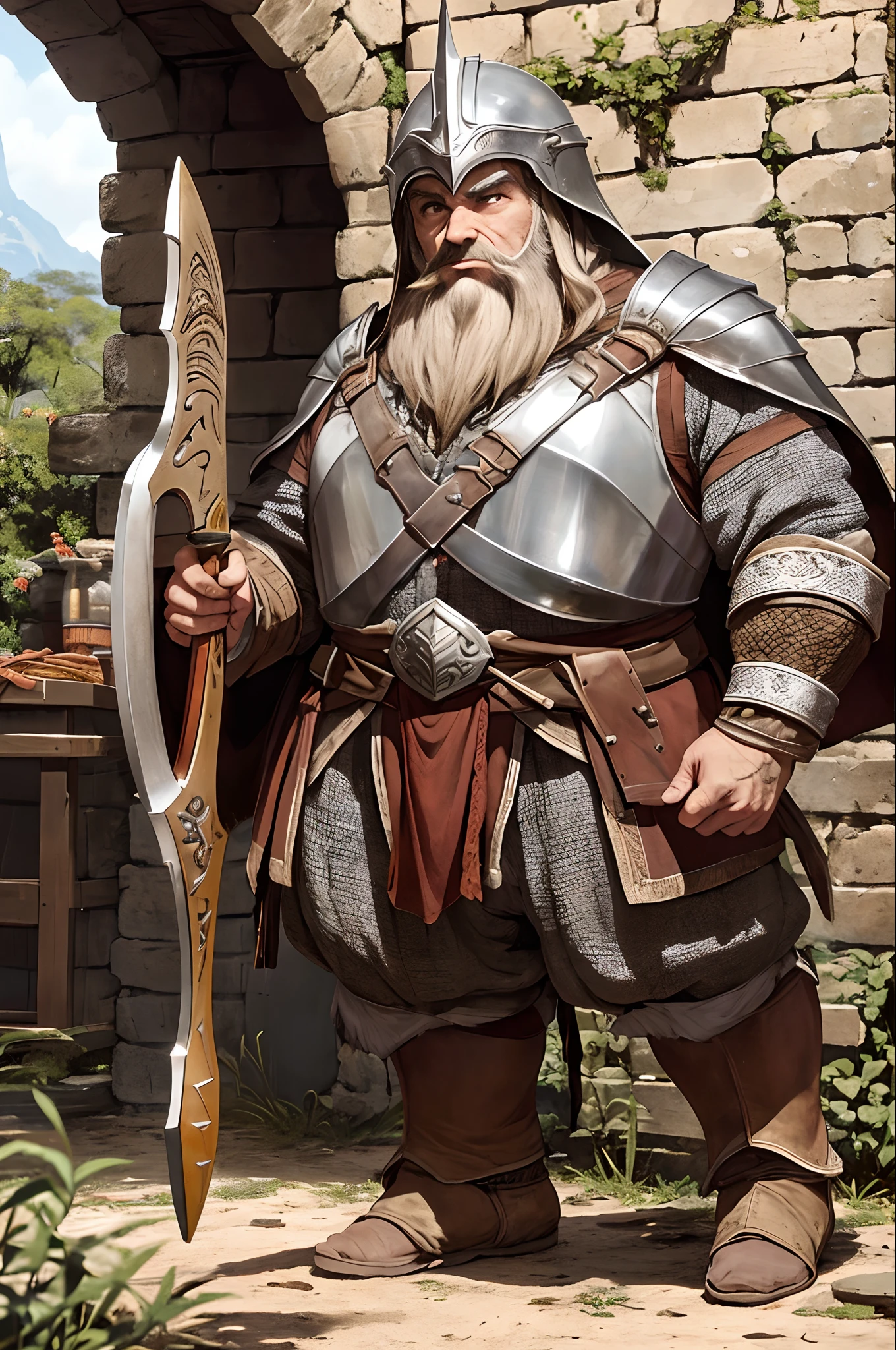 dwarf, gurrreiro , usando armadura pesada , montado num javalis gigante , segurando uma martelo , Lord of the Rings