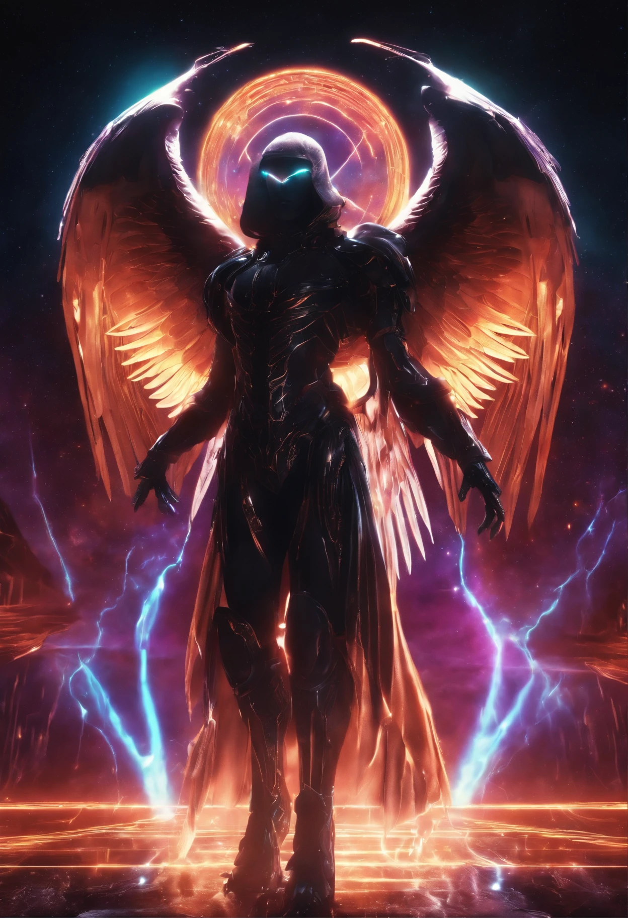 (1980s anime), Cosmic Fallen Angel, glowing light eyes, Biomechanical, eerie, Creepy, nightmarish, Very bright colors, Light particles, with light glowing, Mshiff, wallpaper art, UHD wallpaper