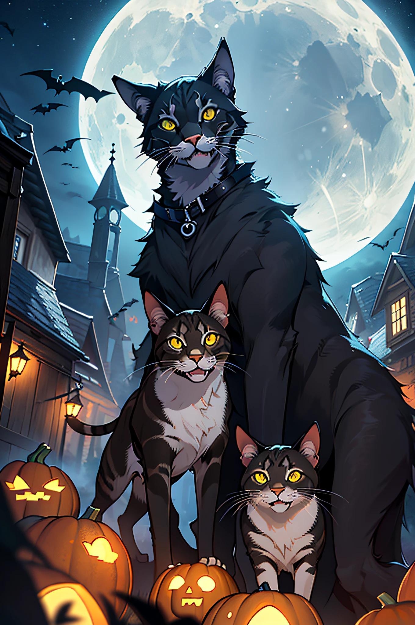 (Unschlagbares Meisterwerk), Halloween, ((Katze)), Pumpkin, ultrarealistische 8K-CG, Perfektes Artwork, great lightning, Bei Nacht, Mond, Nebel, gruselig