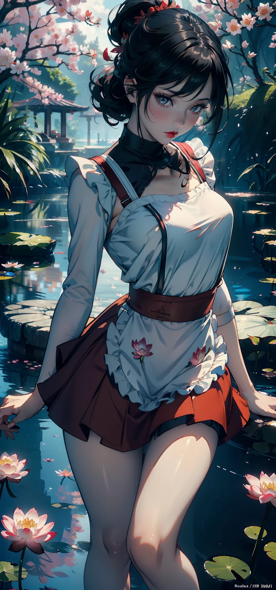 (Background with:ponds,Cherry blossom forest,lotus flower)Lie underwater, She has short black hair,Twist braids,seen from the front,, mostly cloudy sky,(((tmasterpiece),(Very detailed CG unity 8K wallpaper),best qualtiy,cinmatic lighting,detailed back ground,beatiful detailed eyes,Bright pupils,Black eyes,Snow-whiteskin,Redlip(Very fine and beautiful),(Beautiful and detailed eye description),ultra - detailed,tmasterpiece,))facing at camera,A high resolution,ultra - detailed),revealing breasts,Bare genitalia, Bulge,legs are open,Raised sexy,Camel toes,Desire for dissatisfaction,frontage,(Wearing:,See-through sailor suit,red neckchief,Sailor's cap。Bare ,on cheongsam)