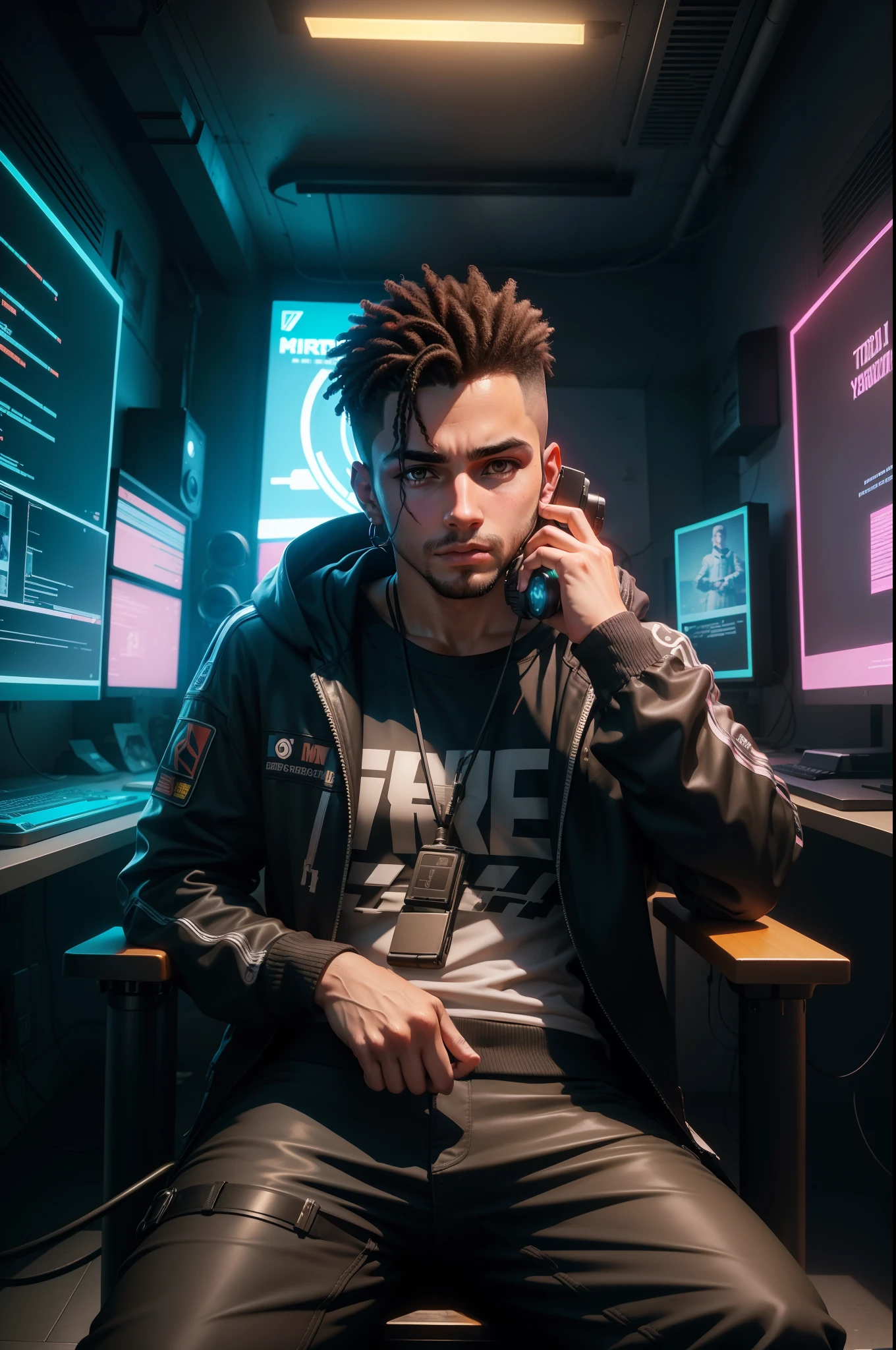 um jovem sentado em uma cadeira, cabelo curto crespo, Front view for camera in a realistic interrior of a cyberpunk room, com muitas telas e celulares, ,um monte de cabos coloridos, e muitas luzes, Upscaling, ray tracing, 8k,