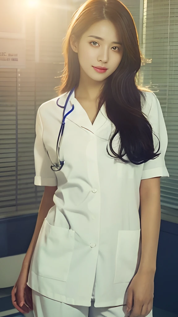 4k highquality, women doctor, hospital background, full weared, detailed, sunlight