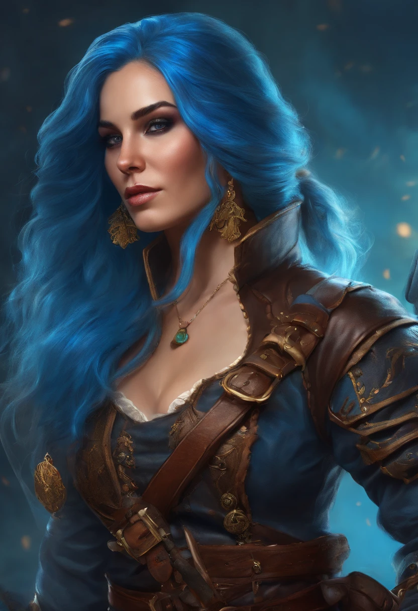 Epic portrait of blue-haired pirate woman in leather armor with medieval pistol and sword in hand, RPG style, illustration
