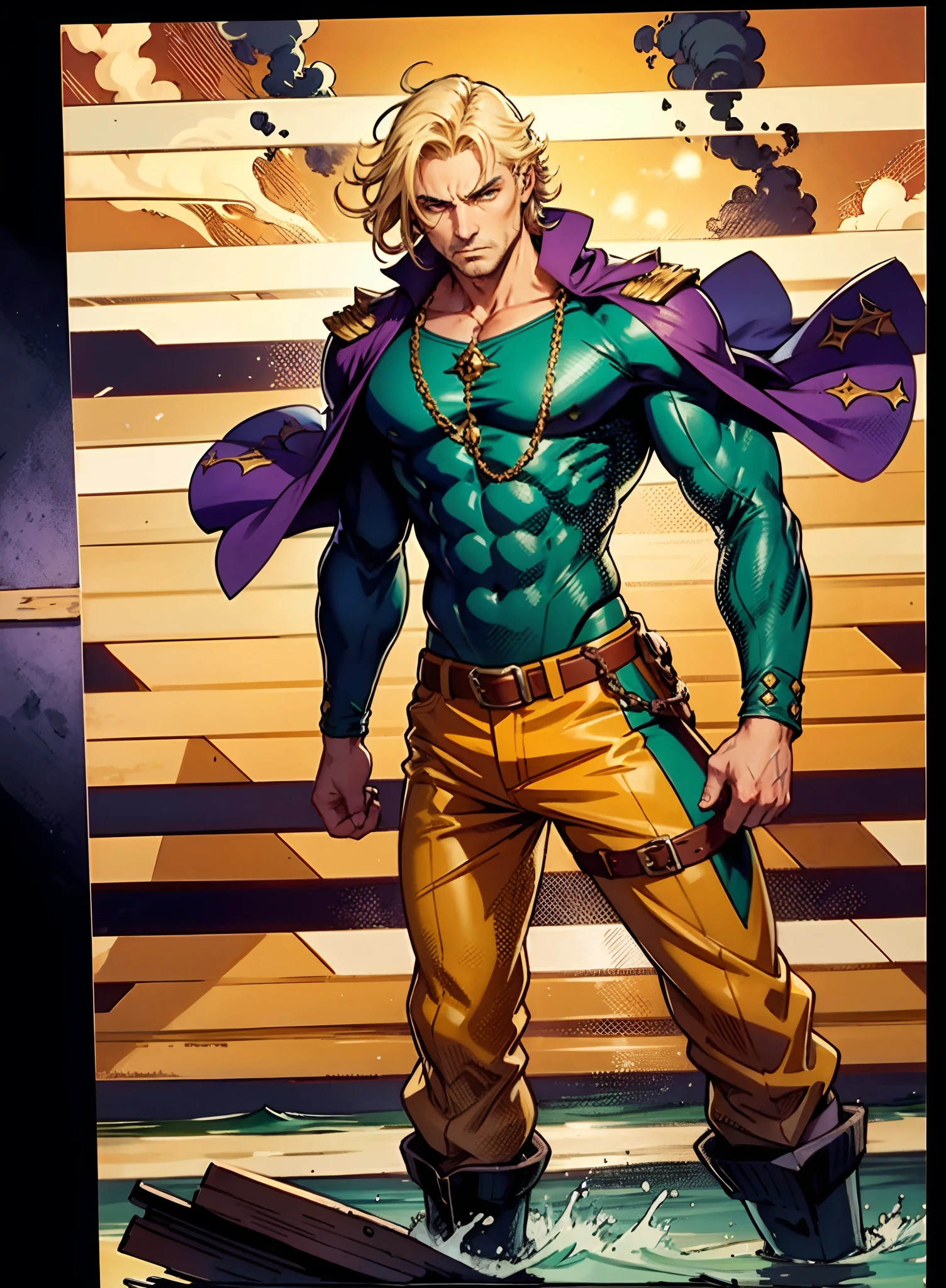 A middle-aged man with short golden hair, thick and tousled hair, a stern look, sharp eyes, well-defined facial features, a strong physique, he wears a short cape that flutters in the wind, a tight-fitting fantasy-style outfit, primarily in shades of blue-purple, accented by touches of orange-red and white, a gold belt with red jewels, matching trousers, the backdrop of a raging sea battle scene, a scene of intense naval warfare unfolds, this character embodies a finely crafted fantasy-style formidable maritime overlord in anime style, characterized by an exquisite and mature manga illustration art style, high definition, best quality, highres, ultra-detailed, ultra-fine painting, extremely delicate, professional, anatomically correct, symmetrical face, extremely detailed eyes and face, high quality eyes, creativity, RAW photo, UHD, 8k, Natural light, cinematic lighting, masterpiece:1.5