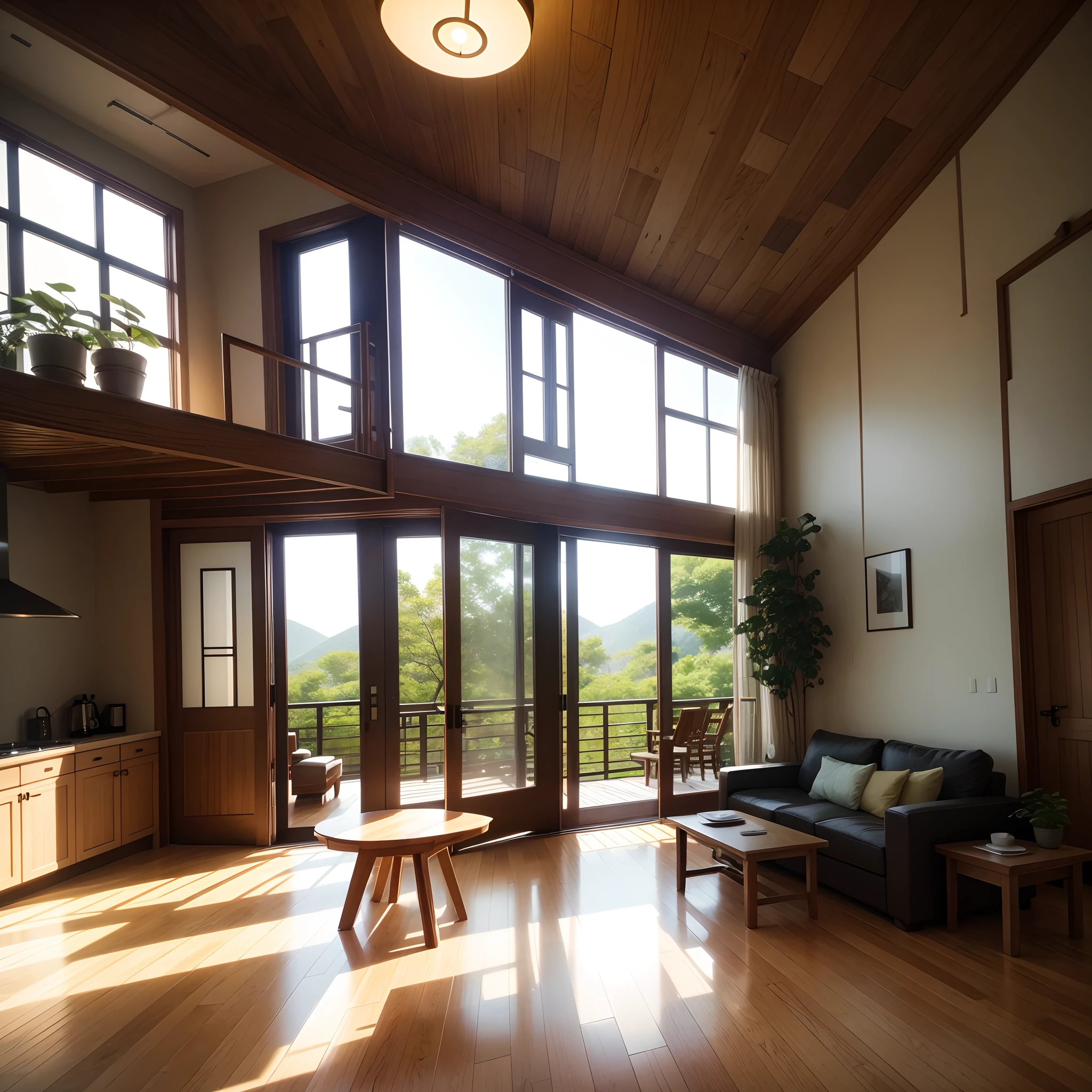 interior design、Insanely detailed wide-angle architectural photo、Cozy contemporary living room、(Bright and warm sunlight 1:0.1)、Award-winning contemporary interior design、landscapes、The table、a chair、in a house、Wooden flooring、window、resturant、east asian east asian architecture、sliding paper doors、abajour、architectural、the woods、naturey、cups、a plant、interior design、Insert lighting and shadows、depth of fields、low illuminance