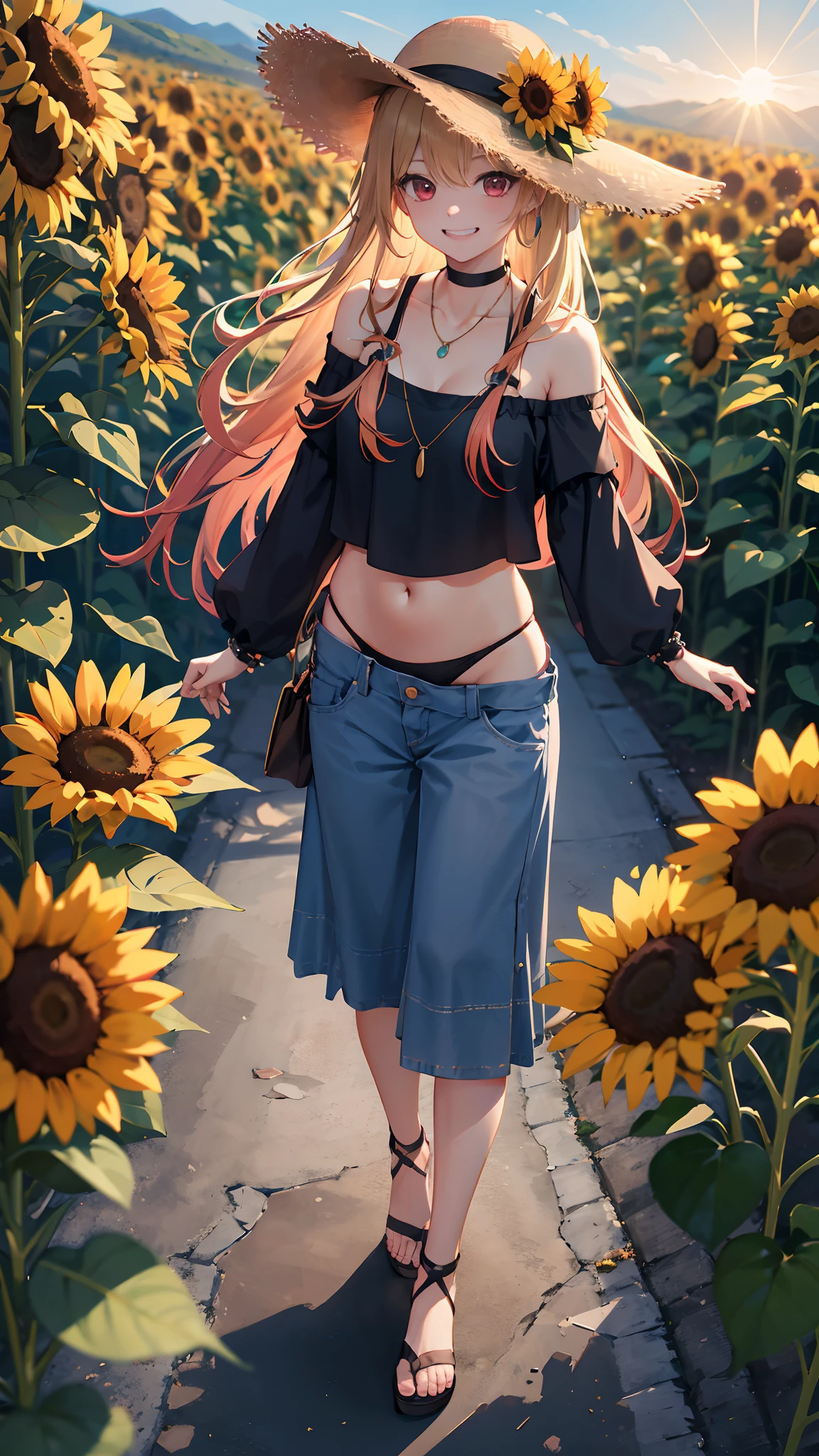 masterpiece, best quality, highres, kitagawa marin, wide angle, POV, from above, 1girl, blonde hair, long hair, multicolored hair, red eyes, jewelry, necklace, choker, black bikini, floral print, bracelet, side-tie bikini bottom, cowboy shot, in sunflower garden, shining sun, wearing a off shoulder shirt and long skirt and a sun hat, full body veiw, standing, grin, straight-on, one arm hold the hat, air flowing