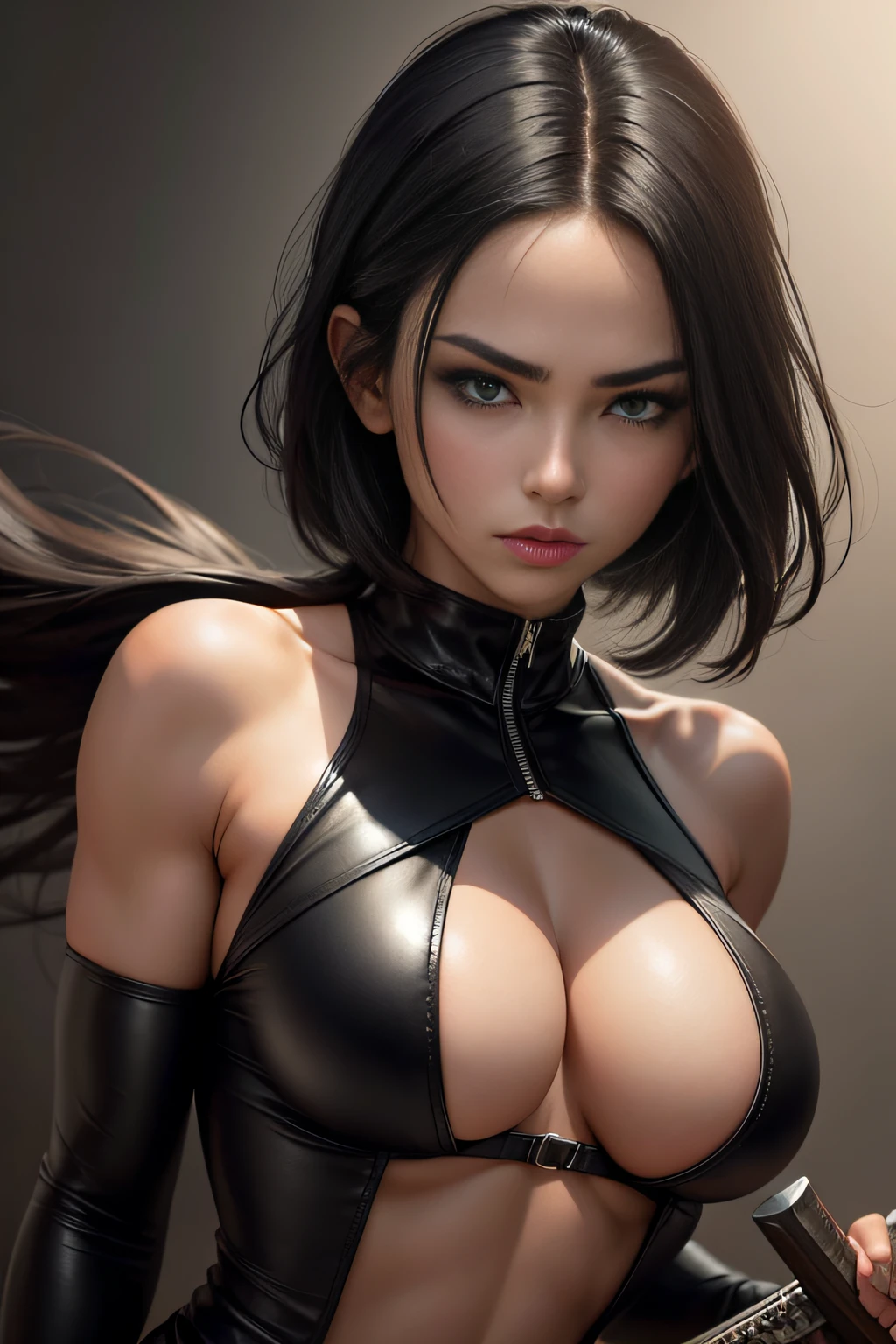 Fit woman with black hair wearing form fitting leather outfit, and a katana with green eyes. hyper realistic, perfect eyes, perfect hands,