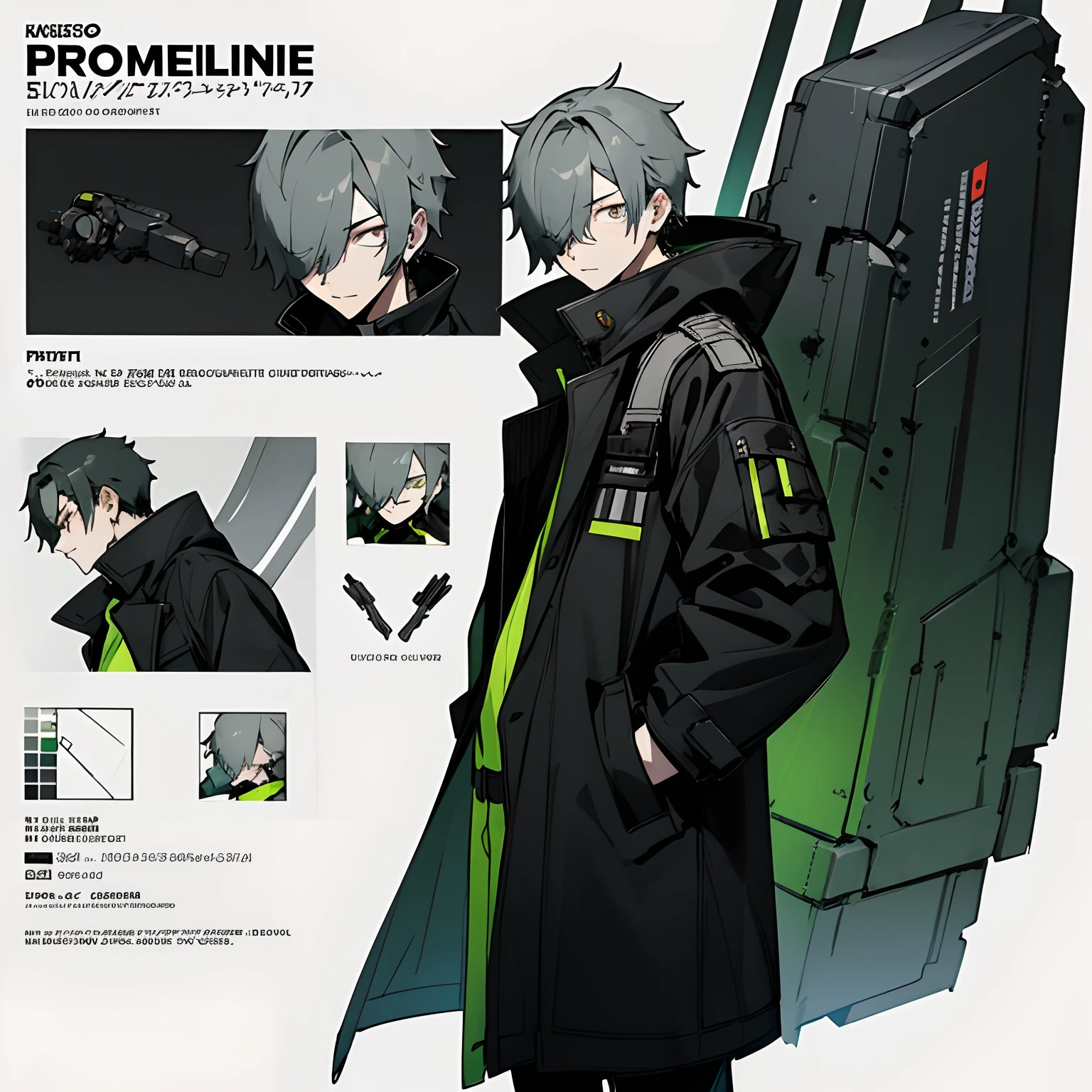 ((character design sheet、Same role、front facing、Lateral face、back facing))，mechanicallegs，High-grade off-white is the main color，Punishing: Gray Raven，From the night of the ark，Guwiz，From punishment: Gray Raven，girls frontline style，girls frontline universe，inspired by Leng Mei，Kusart Krenz key art feminization，7.5 head body，Mechanical prosthetics，Celluloid coloring style，white background，Weakens the coloring effect，Model-like figure，Three View，black green theme, (1boy, solo), male focus, looking down at viewer, hands in pockets, skinny, detailed messy grey hair, glowing green eyes, black techwear coat, black mouth mask, wire, cable, (), hair_over_one_eye,