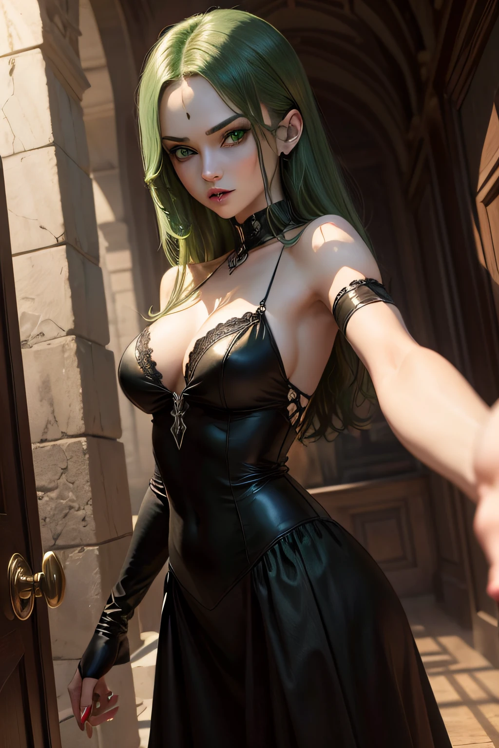 (masterpiece, best quality), (green eyes), Female vampire, Slender, perfect hands, perfect eyes