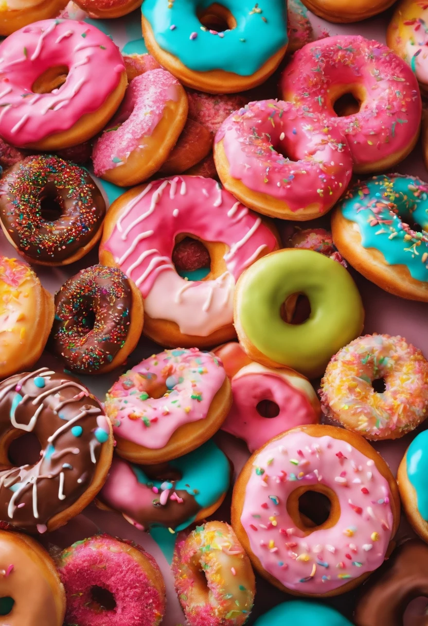 Desenhe um prato cheio de donuts coloridos, com coberturas de chocolate, Pink icing and colorful confectionery.