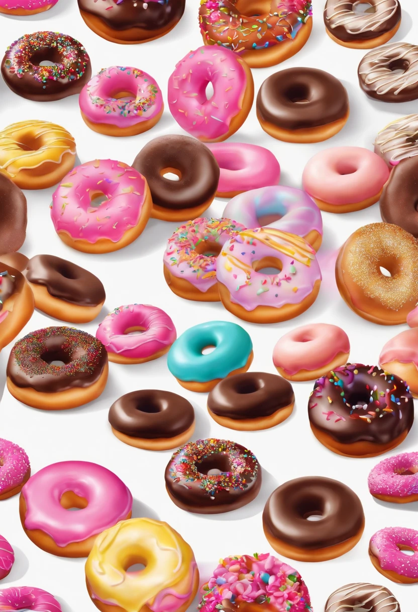 Desenhe um prato cheio de donuts coloridos, com coberturas de chocolate, Pink icing and colorful confectionery.