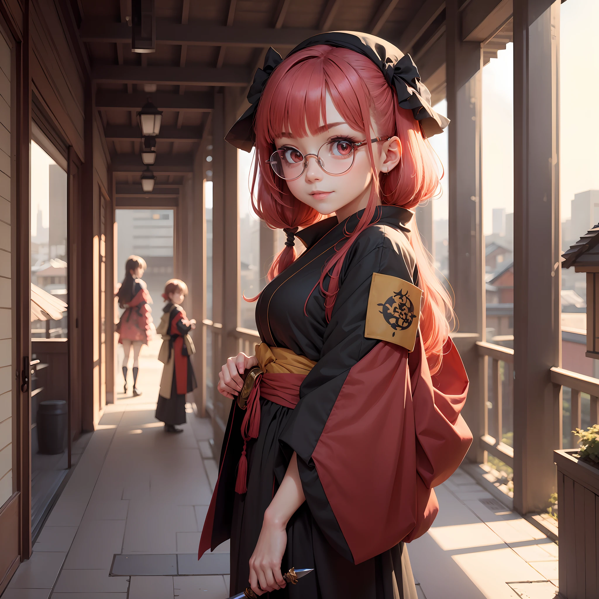 Girl with round glasses, anime style, big eyes, red, multi color hairs, background japanese style buildings, 2 swords on back, looking behind with evil smile, high detailed