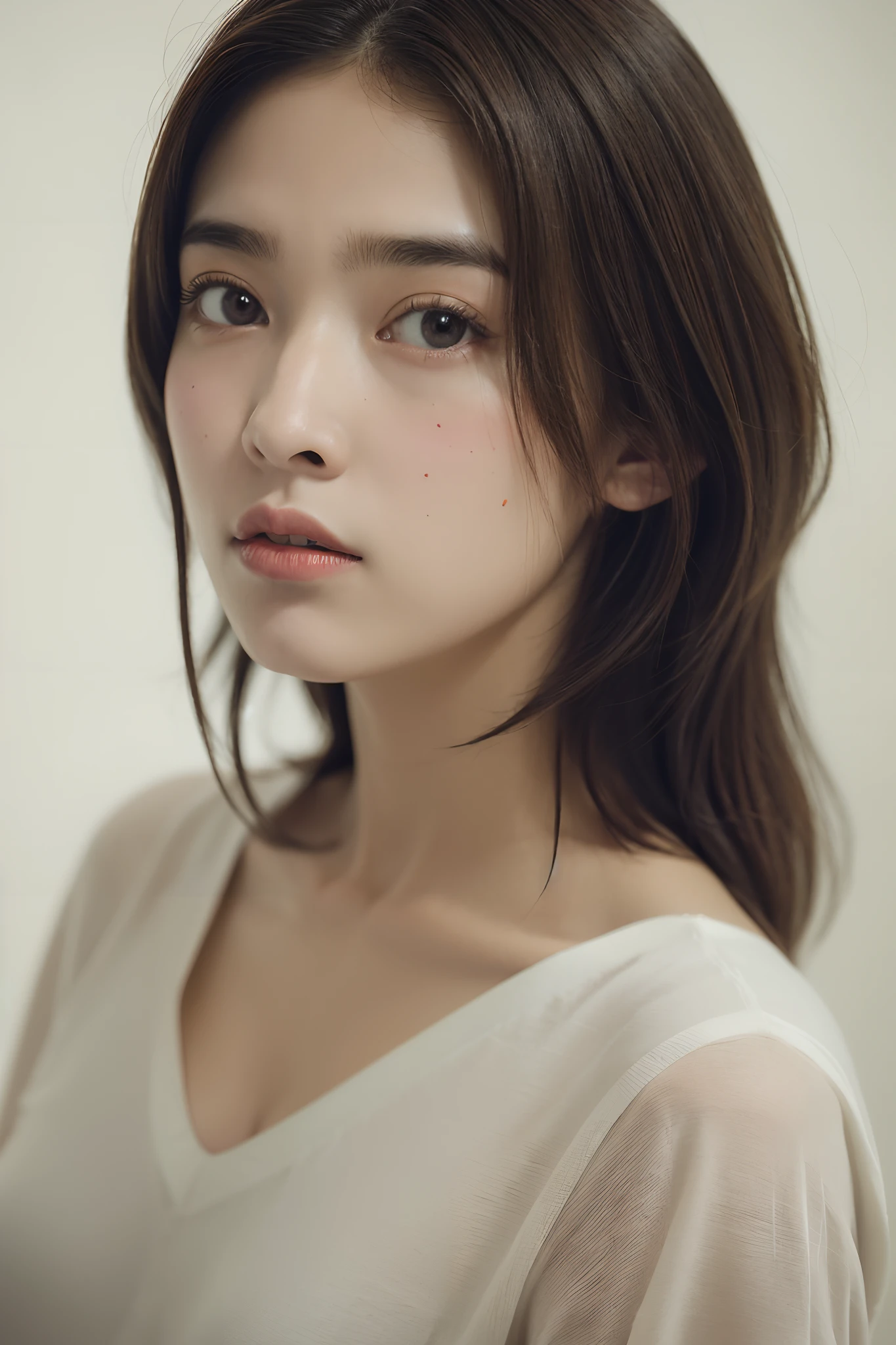 A Japanese Lady, Wearing a very tight wet white full-open-button-shirt, ((Pull the shirt up to her chest)), ((cowgirl position)), moving up and down, Wet bun hair, Tilting head, very white wet skin, realphoto, half Closed eyes, half opened mouth, Looking at Viewer, From above
