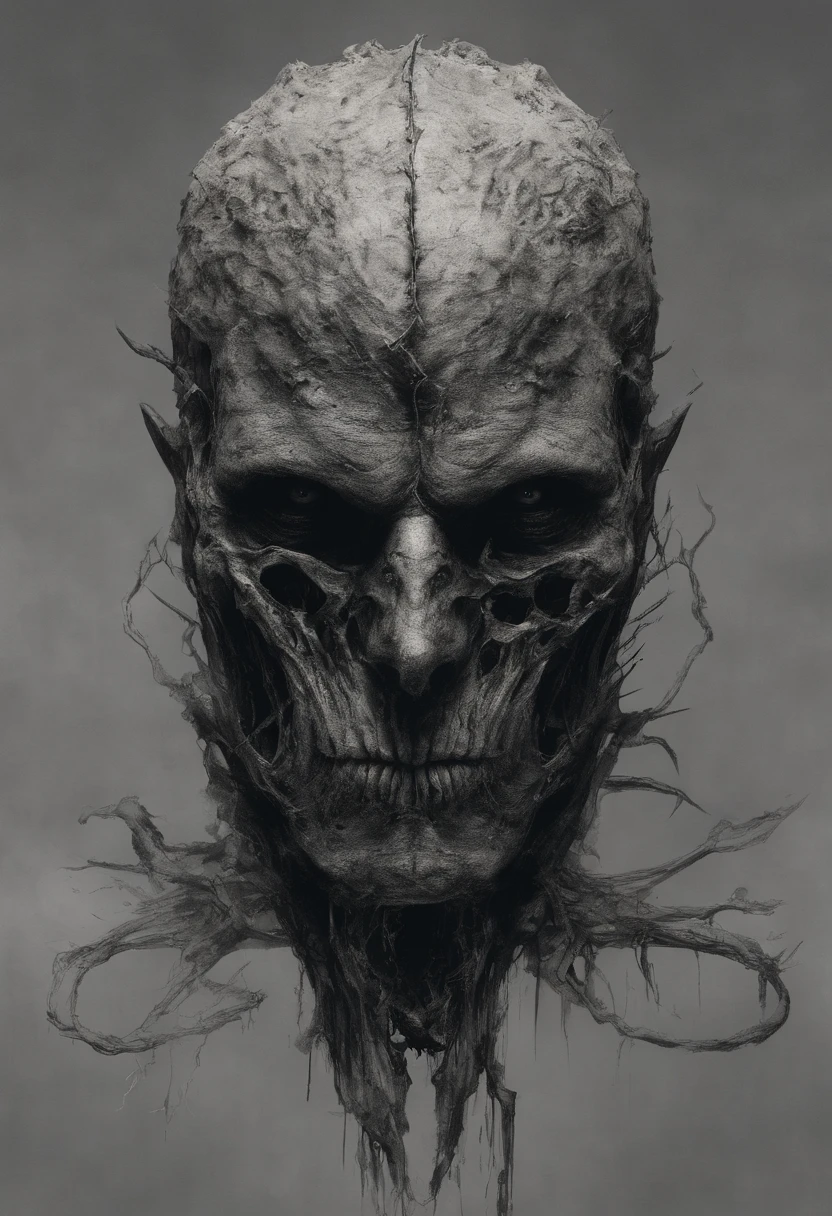 cintura para cima, homem muito velho, it looks like a corpse, metade do rosto deformado e derretido, sujo, mendigo, monstro, cabelos curtos e grisalhos, pale wrinkled skin, barba rala, pupilas amareladas, postura curvada, olhar penetrante e malvado, longo manto preto, rasgado roupas, manto de penas de corvo nas costas, corpo coberto com faixas e capuz, neblina, posto de gasolina escuro, horror, medo, assustador, suspense, misterioso