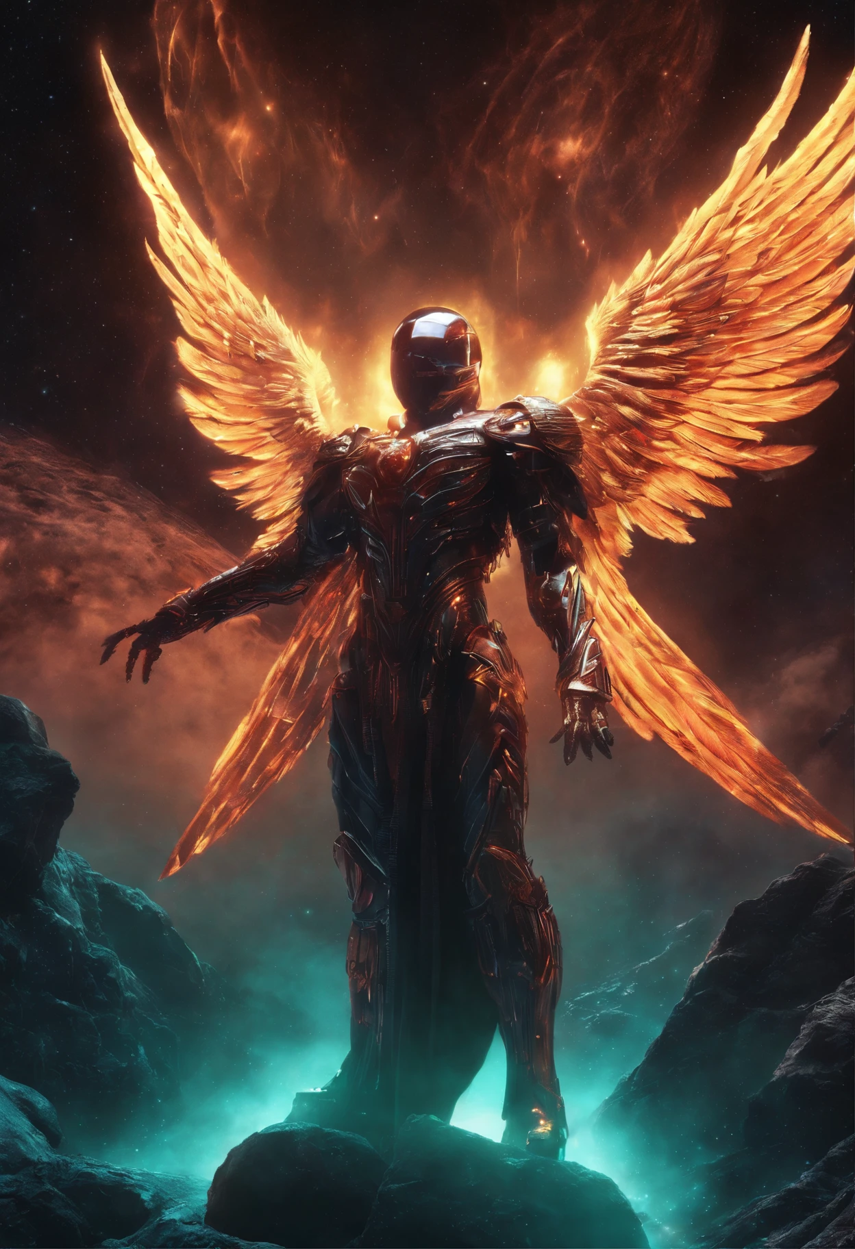 (1980s anime), Cosmic Fallen Angel, glowing light eyes, Biomechanical, eerie, Creepy, nightmarish, Very bright colors, Light particles, with light glowing, Mshiff, wallpaper art, UHD wallpaper