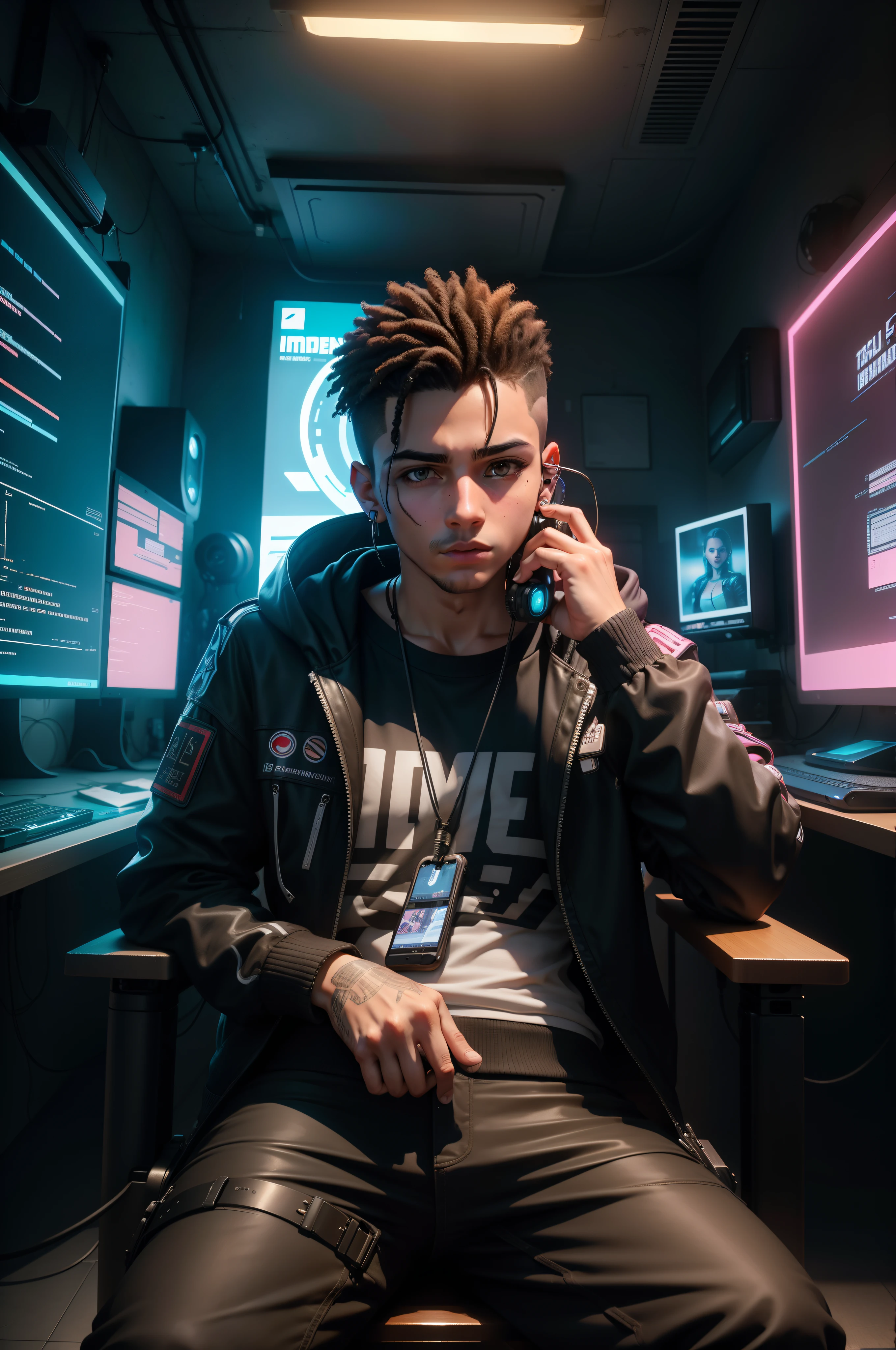 um jovem sentado em uma cadeira, cabelo curto crespo pequeno, brincos, Front view for camera in a realistic interrior of a cyberpunk room, com muitas telas e celulares, ,um monte de cabos coloridos, e muitas luzes, Upscaling, ray tracing, 8k,
