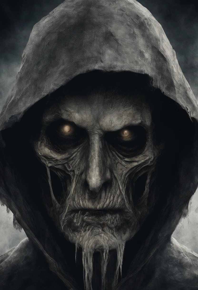 waist up, very old man, looks like a corpse, half of his face deformed and melted, dirty, beggar, monster, short gray hair, pale and wrinkled skin, sparse beard, yellowish pupils, hunched posture, penetrating and evil gaze, long black cloak, torn clothes, cloak of raven feathers on the back, body covered with sashes and hood, fog, dark gas station, horror, fear, scary, suspense, mysterious