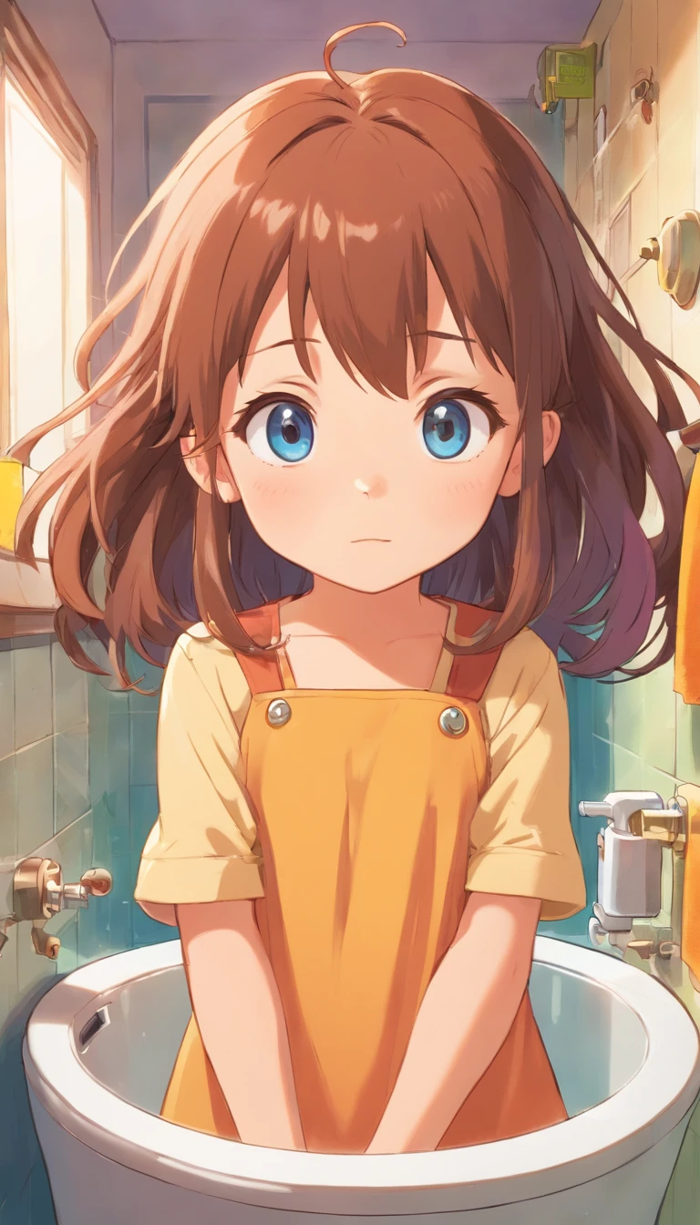 Funny, comical, little girl, 5 years old, todler, bathroom background, (Playful), toys, illustration, A high resolution, Vibrant colors, Soft lighting, Random actions，Wear randomly，Random angles,（Exquisitehands:1.5)（Perfect body proportion:1.5）（More refined anime eyes:1.5）long hair，random hair style