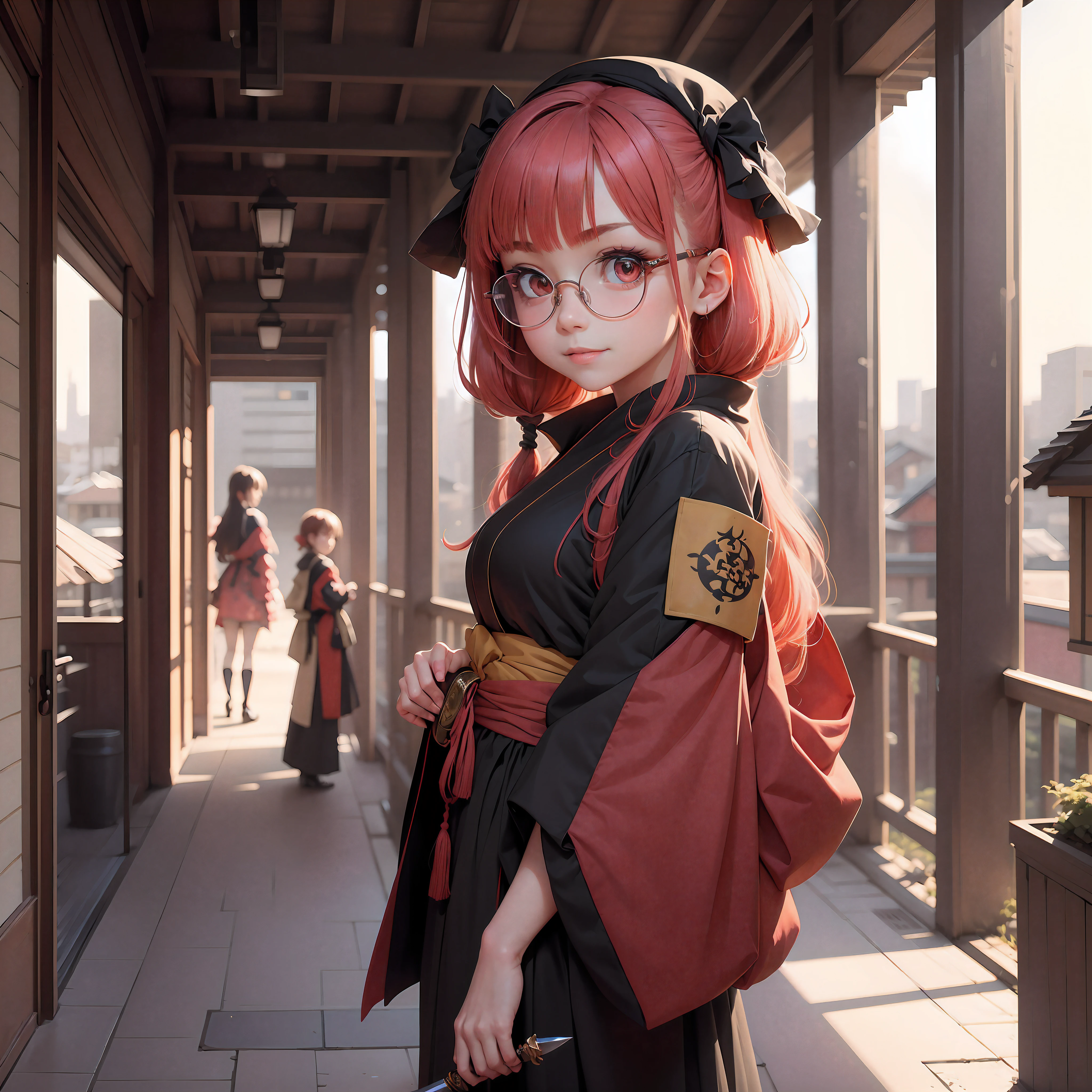 Girl with round glasses, anime style, big eyes, red, multi color hairs, background japanese style buildings, 2 swords on back, looking behind with evil smile, high detailed