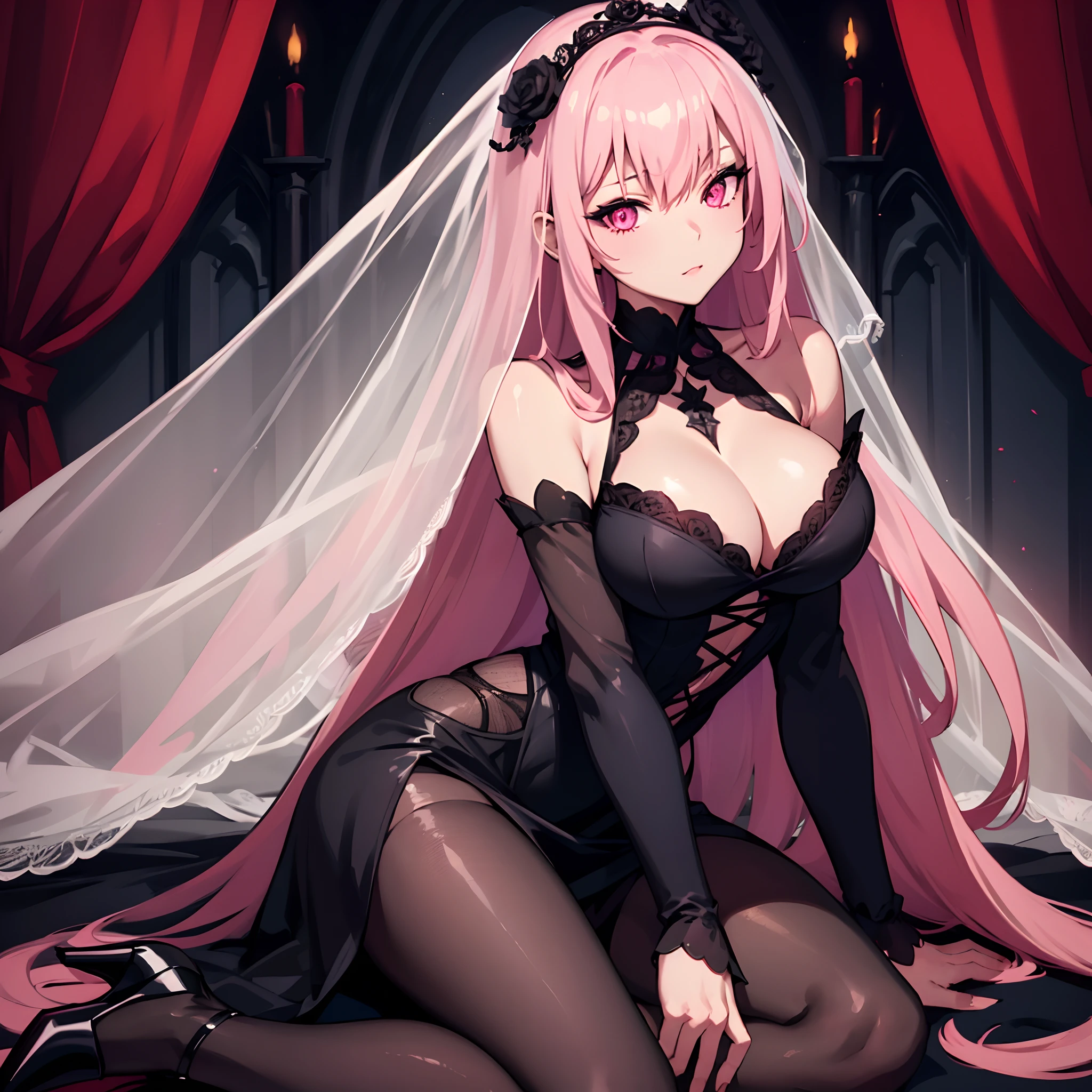 High heels, Posing, Sexy, 1girl, solo, veil, horror, monochrome, dark cathedral, long straight pink hair, black wedding dress, holding a bouqet of colorful roses, glowing eyes, depth of field, sharp focus, cleavage, best quality, masterpiece,