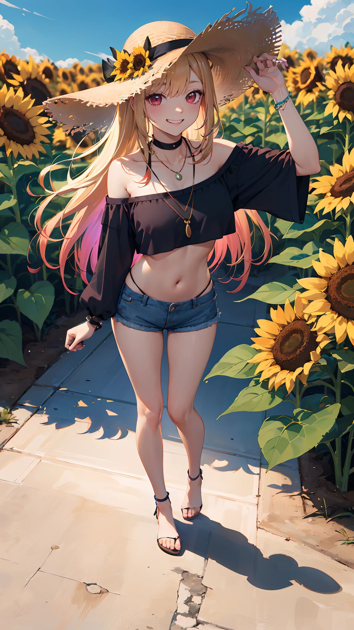 masterpiece, best quality, highres, kitagawa marin, wide angle, POV, from above, 1girl, blonde hair, long hair, multicolored hair, red eyes, jewelry, necklace, choker, black bikini, floral print, bracelet, side-tie bikini bottom, cowboy shot, in sunflower garden, shining sun, wearing a off shoulder shirt and denim shorts and a sun hat, full body veiw, standing, grin, straight-on, one arm hold the hat, air flowing