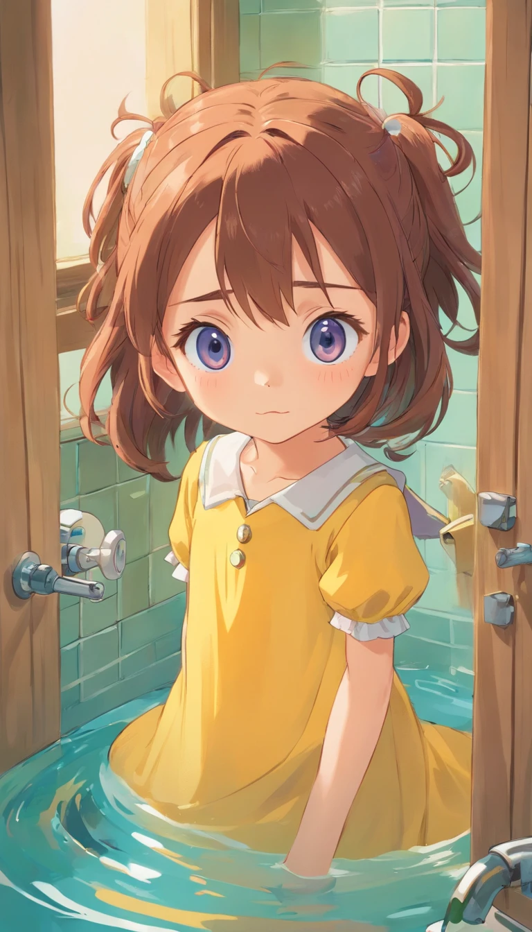 Funny, comical, girl, 5 years er, bathroom background, (Playful), toys, illustration, A high resolution, Vibrant colors, Soft lighting, Random actions,Wear randomly,Random angles,(Exquisitehands:1.5)(Perfect body proportion:1.5)(More refined anime eyes:1.5)long hair,random hair style