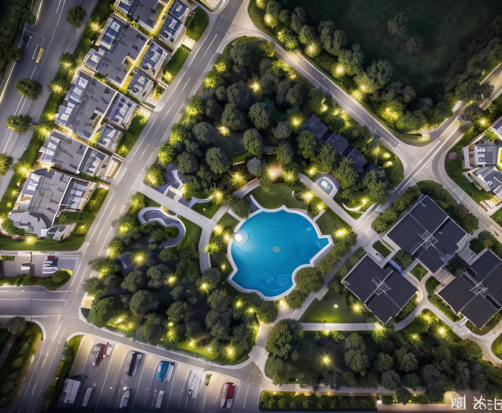 1 human habitation area, primary school and high school in the middle of the area, villas at the bottom of the area, apartments and shopping malls, parks above the area, with a river passing through residential living area, dynamic (RAW photo, real, best quality, masterpiece:1.2), (hyper realistic, photo-realistic:1.2), high quality, (dark lighting:1.2), perfect lighting, archdaily