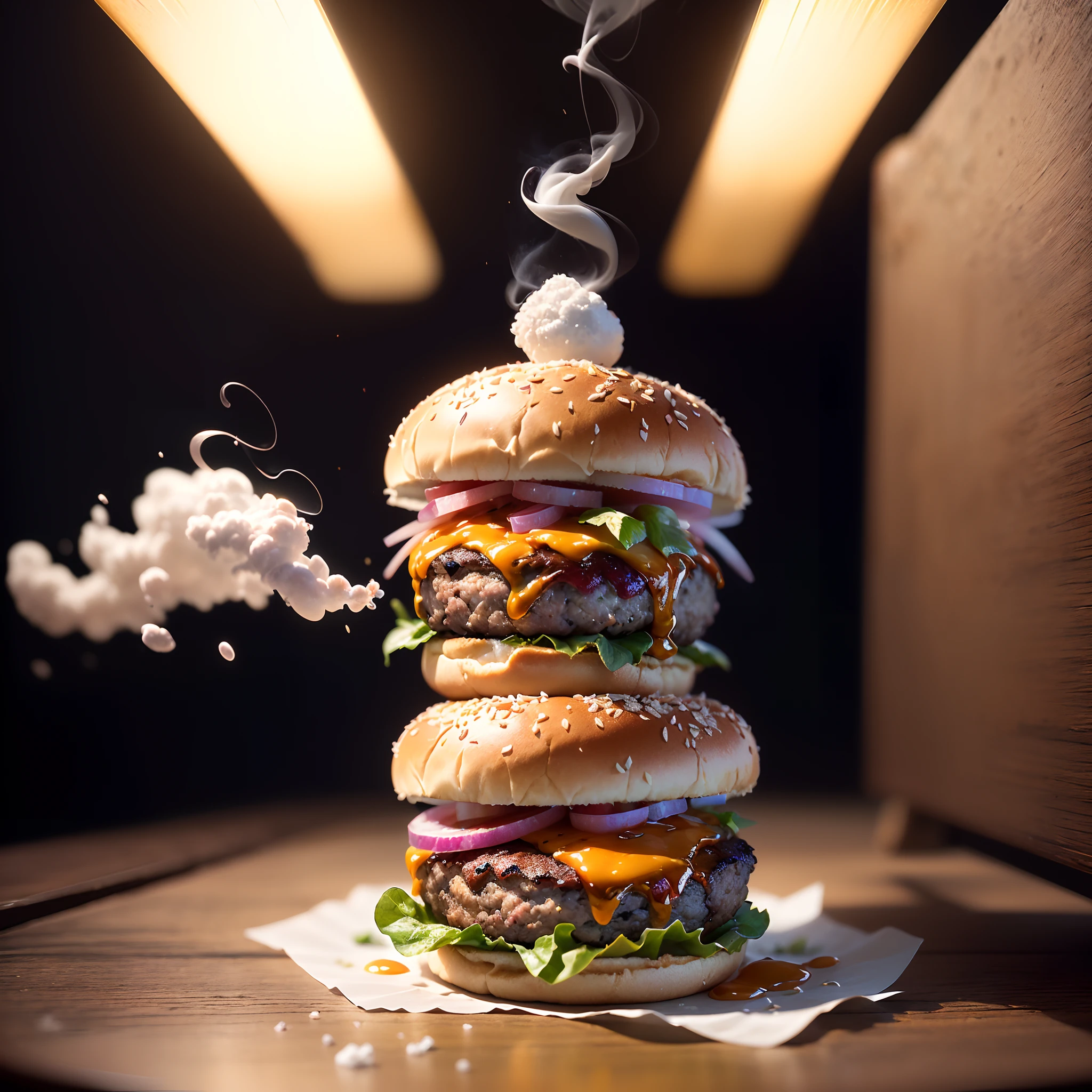 ((("Capture dynamic splashes of food in a flying food photography" with two burgers as the main subject, showcasing splashes of toppings and seasonings including rocket lettuce, cheddar-flavored cheese, onion, pickles, special sauce, sesame bun, and sea salt crystals. Utilize high-speed photography for photorealistic surrealism style, with a white background and trending clean minimalist backdrop. Include Cuware, table, steam, smoke, vegetable leaves, and tomato elements. Create 3 ad posters with pro-grade color grading, studio lighting, rim lights, layered comps, and shot with an EOS-1D X Mark III camera. Publish on 500px, Behance, and consider concept art."),Photorealistic Images,High-Speed Photography,Surrealism,White Background,Clean Background,Minimalist,Cuware,Table,Steam,Smoke,Ad Posters,Pro-Grade Color Grading,Studio Lighting,Rim Lights,Layered Comps,EOS-1D X Mark III,500px,Behance,Concept Art), photo, 3d render, Miki Asai Macro photography, close-up, hyper detailed, trending on artstation, sharp focus, studio photo, intricate details, highly detailed, by greg rutkowski