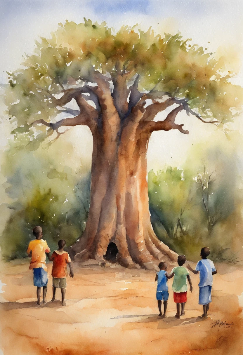 four children facing a baobab tree. tree is on the right and the children are on the right for a rule of thirds. its a savanna environment