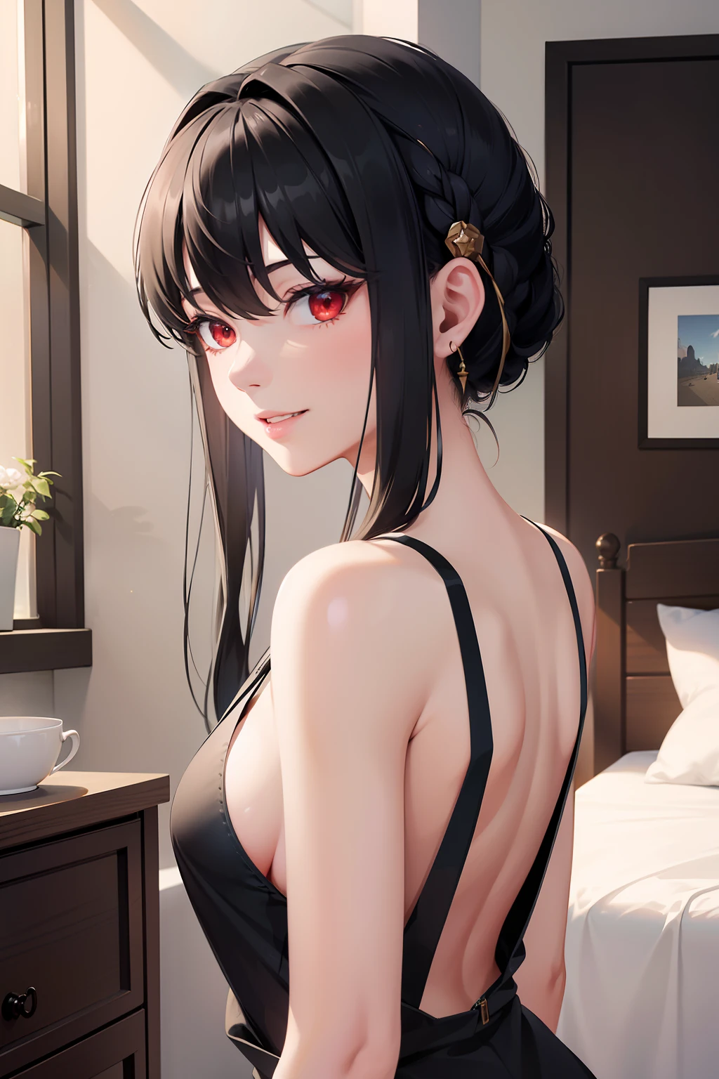 hight resolution、masterpiece、1girl in、Bjorf、A dark-haired、short hair with long locks、from the rear、backs、small ass、Show your teeth and smile、Bring your face closer、Red Eyes、fullnude、pinafore
