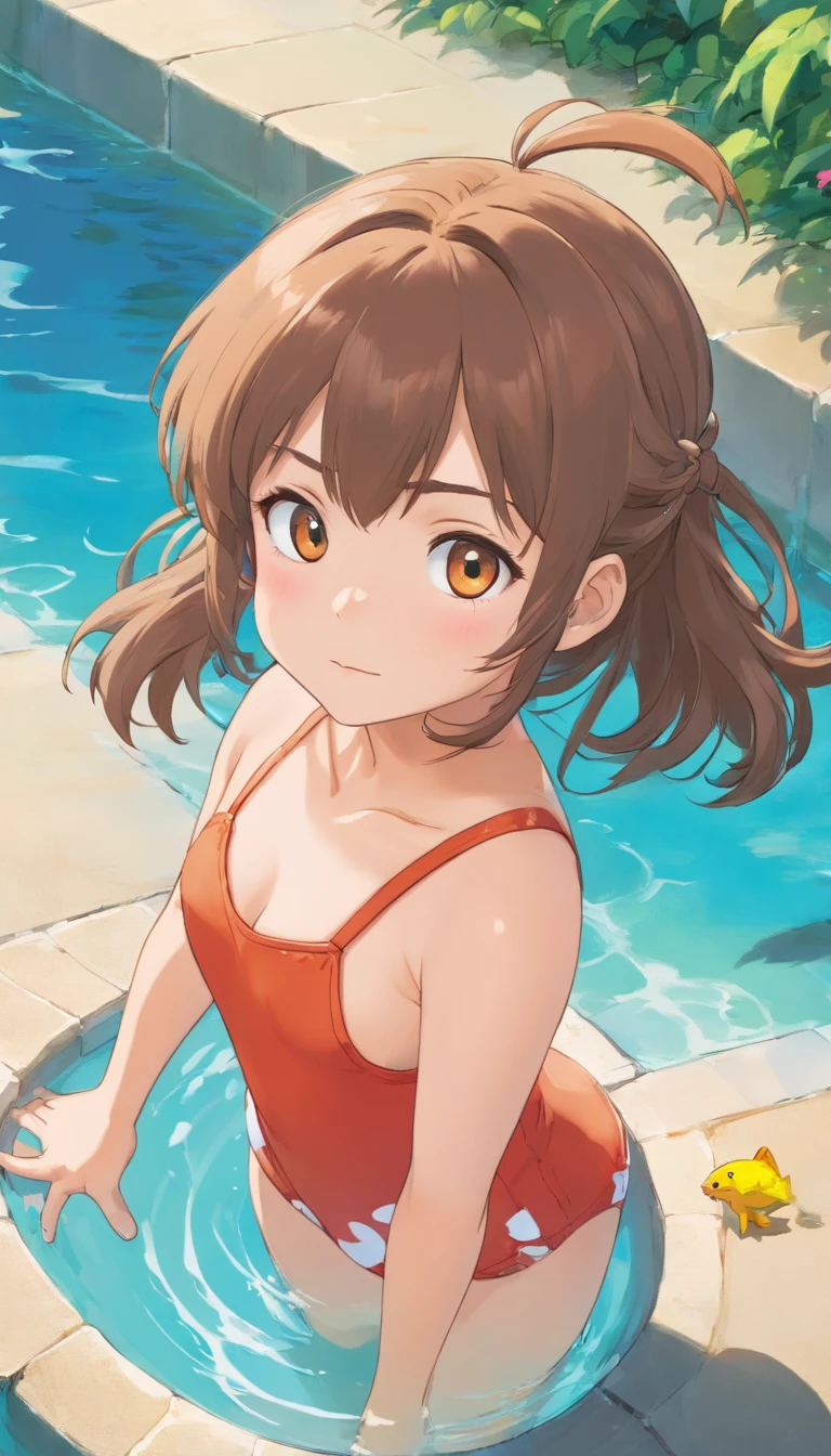 Funny, comical, little girl, 5 years old, todler, swiming pool background, (Playful), toys, illustration, A high resolution, Vibrant colors, Soft lighting, Random actions,Wear randomly,Random angles,(Exquisitehands:1.5)(Perfect body proportion:1.5)(More refined anime eyes:1.5)long hair,random hair style