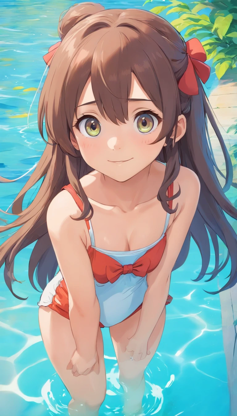 Funny, comical, girl, 5 years er, swiming pool background, (Playful), toys, illustration, A high resolution, Vibrant colors, Soft lighting, Random actions,Wear randomly,Random angles,(Exquisitehands:1.5)(Perfect body proportion:1.5)(More refined anime eyes:1.5)long hair,random hair style